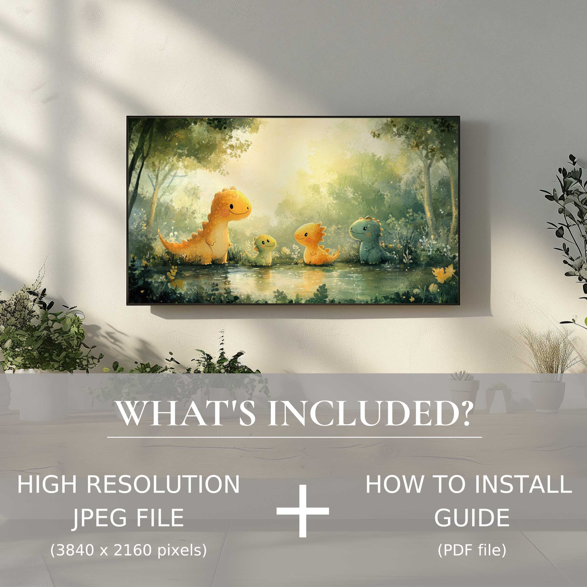 Elegant nursery digital TV art download featuring charming dinos, easy to install and enhances your stylish living space