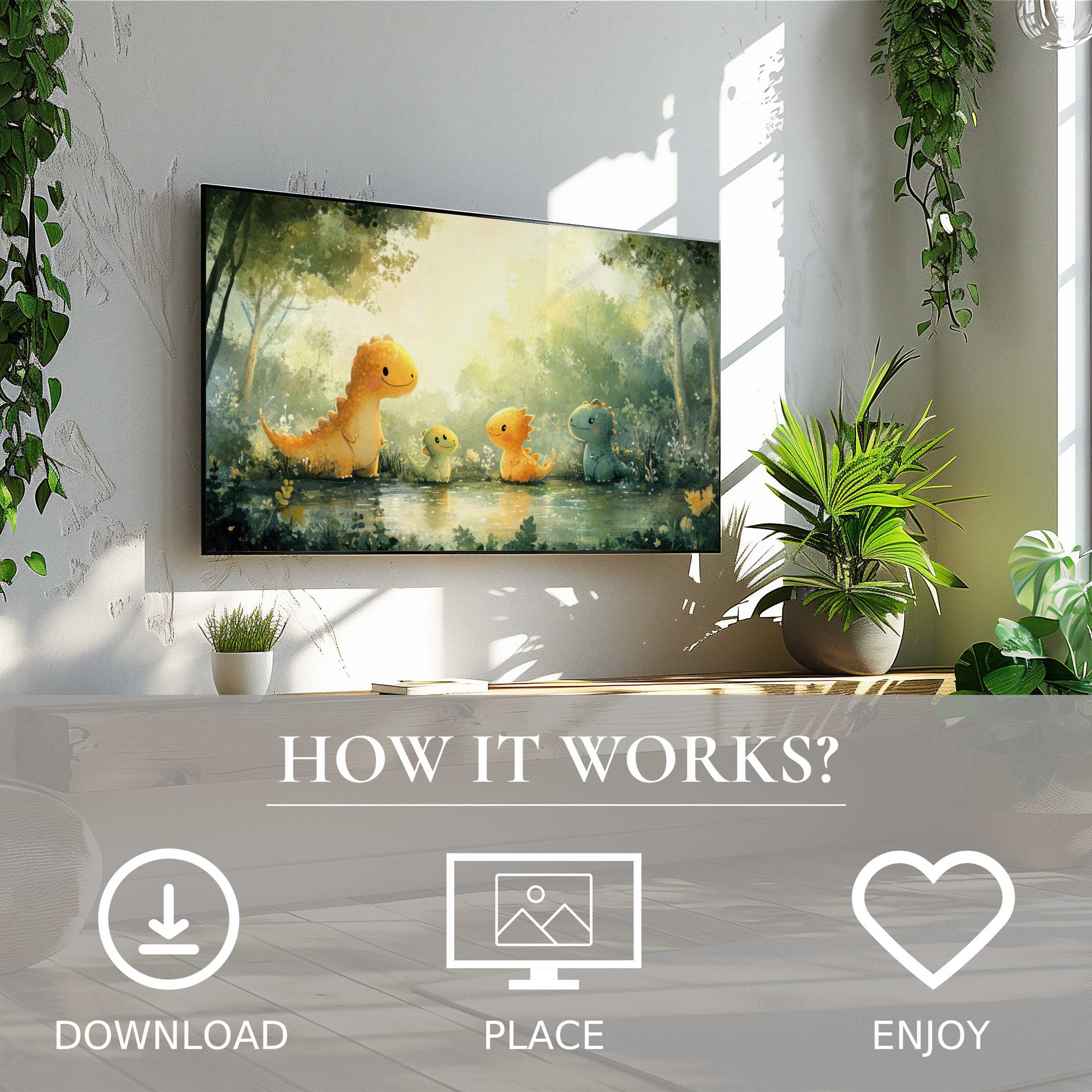Bright nursery art for Samsung TV shows cute dinos in a soft glowing forest, easy digital download enriches your space