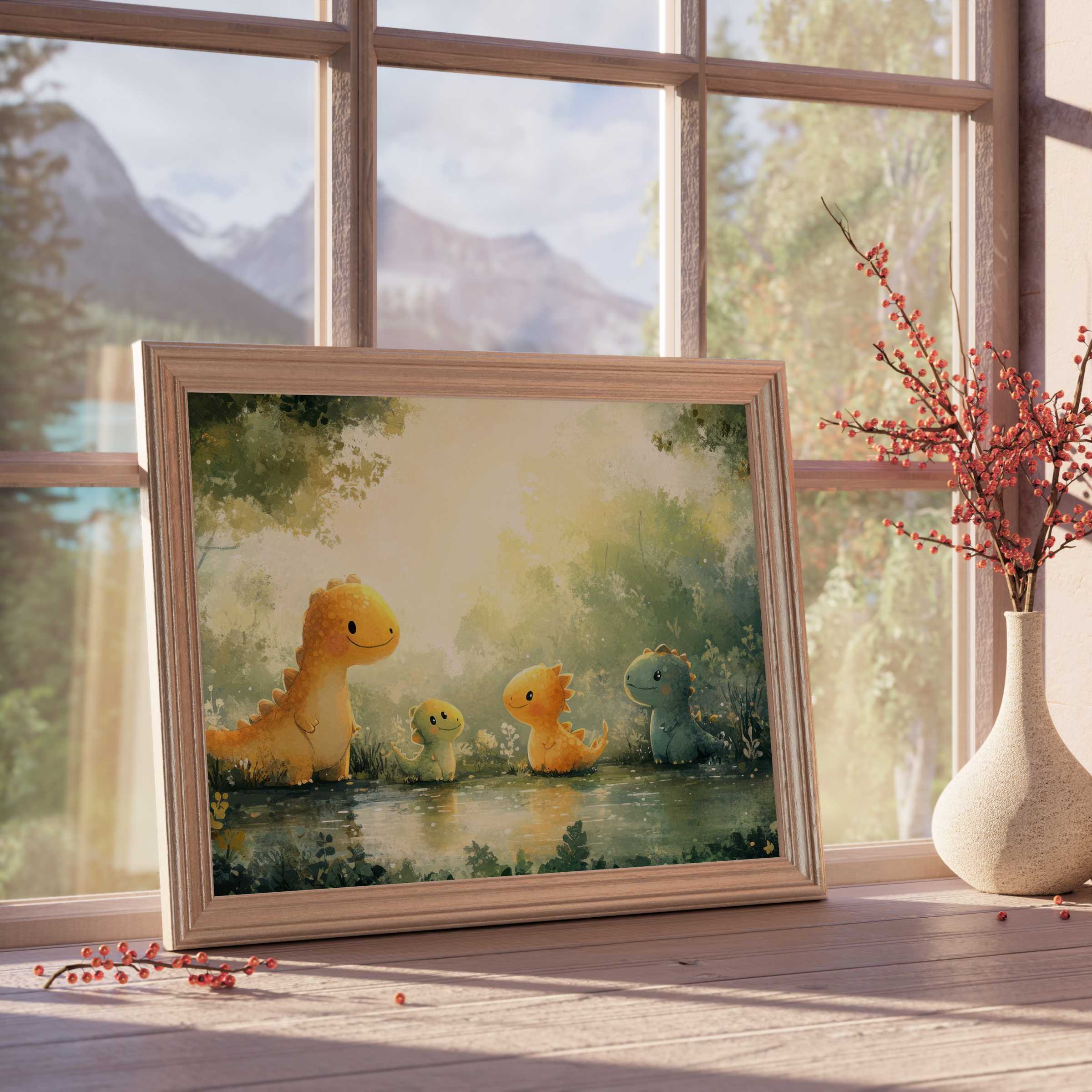 Nursery downloadable art featuring whimsical dinosaur family in a serene forest glow, perfect for curated, tranquil interiors