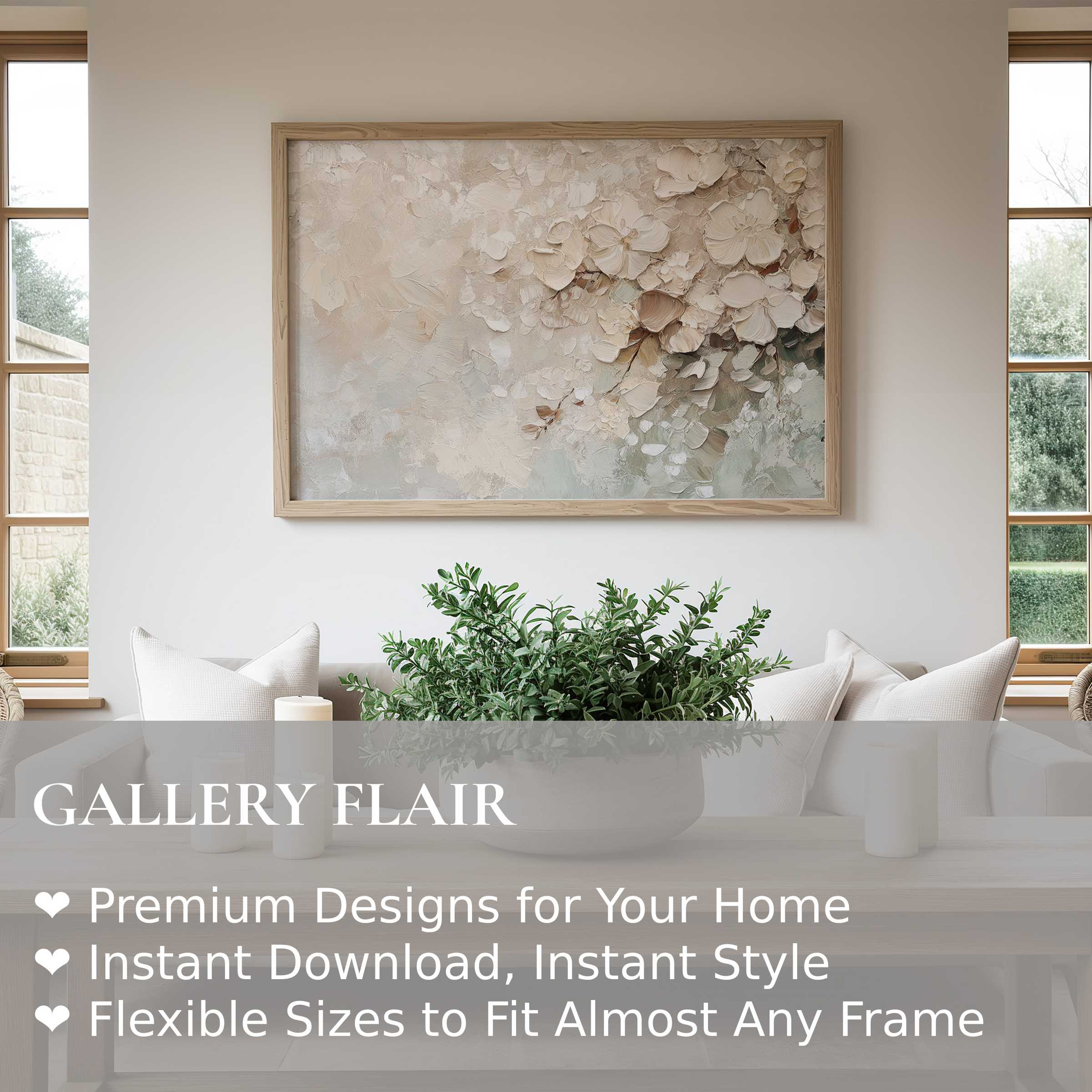 Botanical wall art print with textured cream florals, radiating soft elegance in a serene, modern minimalist living space