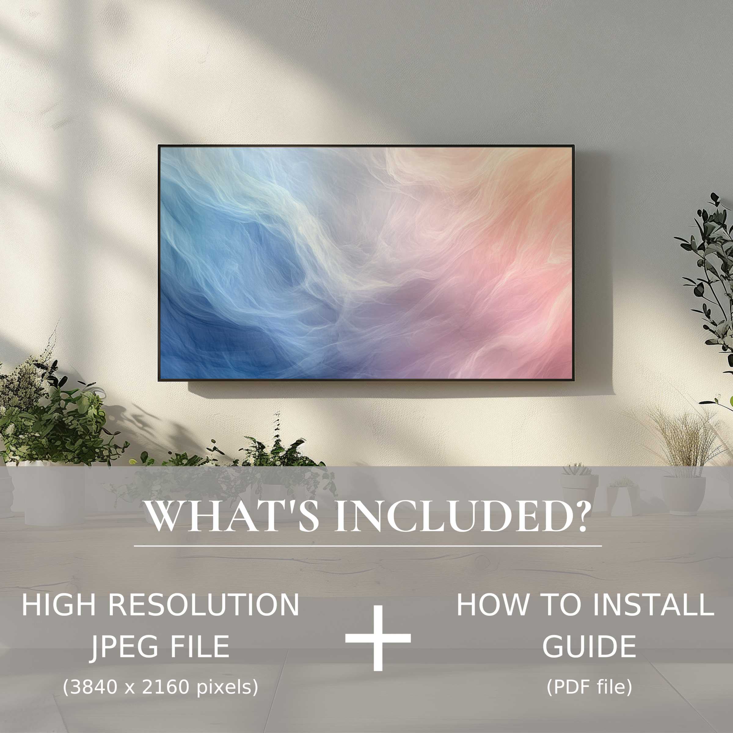 Elegant abstract digital TV art download in soft hues, easily enhances living spaces with high-res digital use