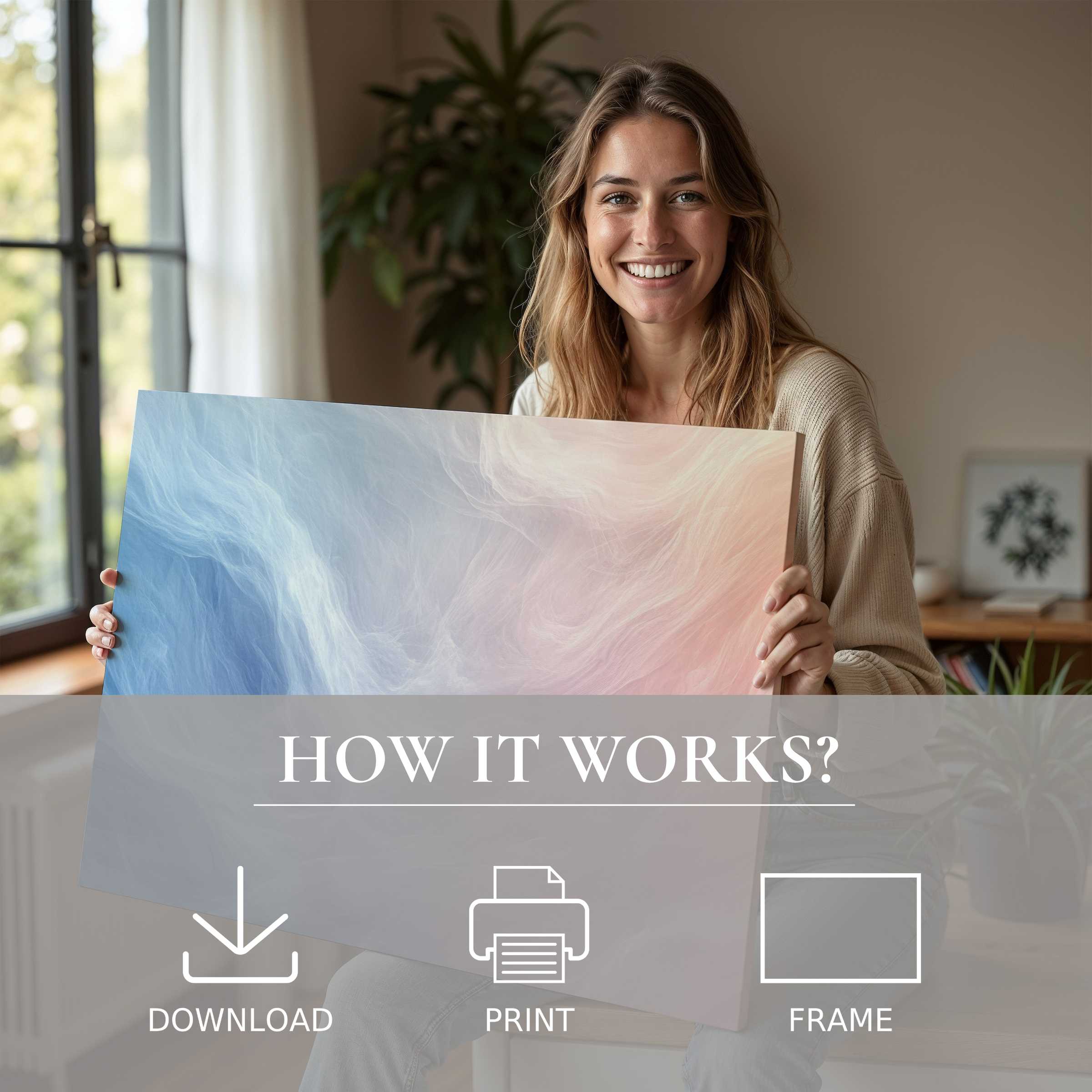 Radiant joy and tranquil connection illuminate a serene moment with an abstract digital art print, effortlessly elevating modern living spaces