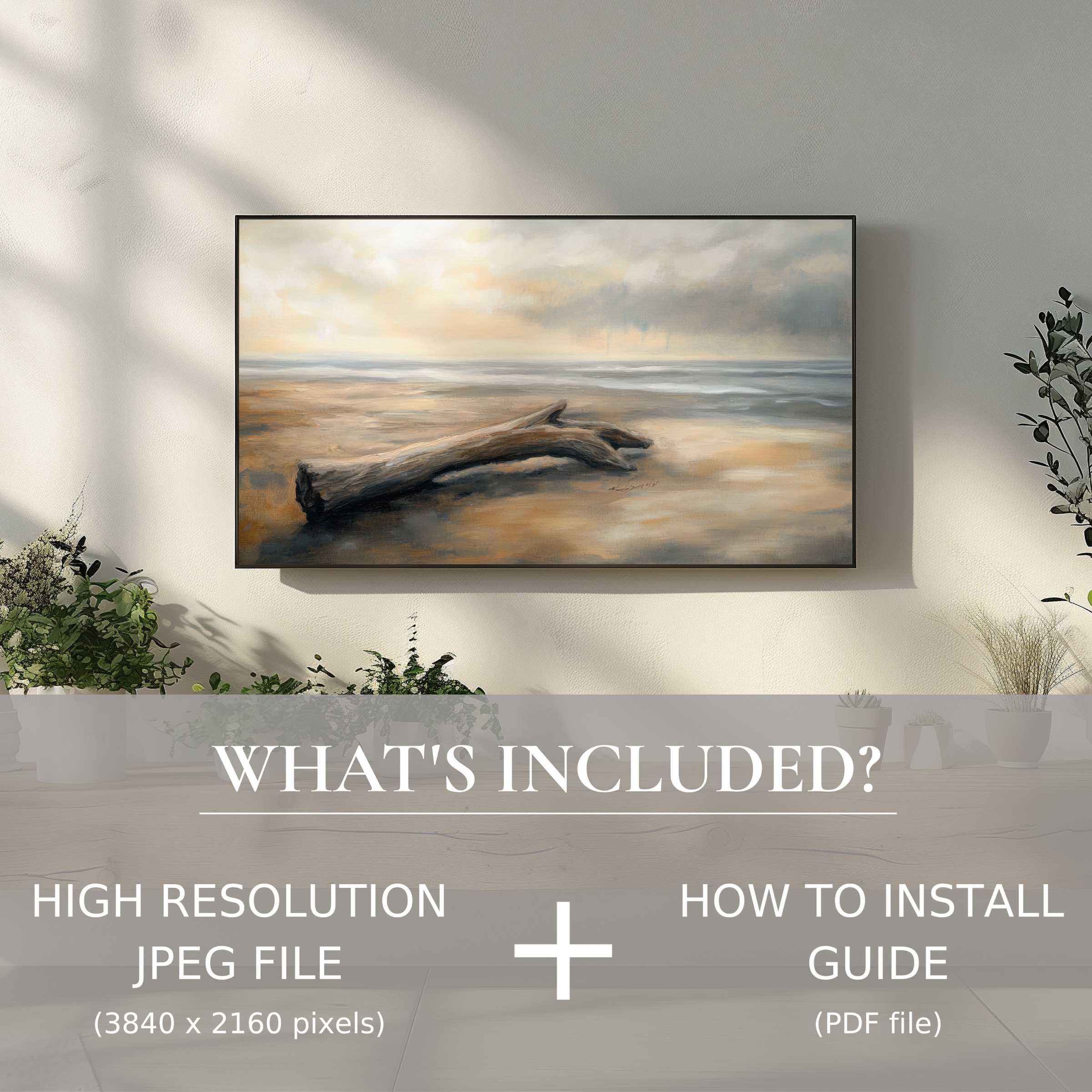 Elegant coastal digital TV art download, easy digital use, enhances your living space with serene beach tones