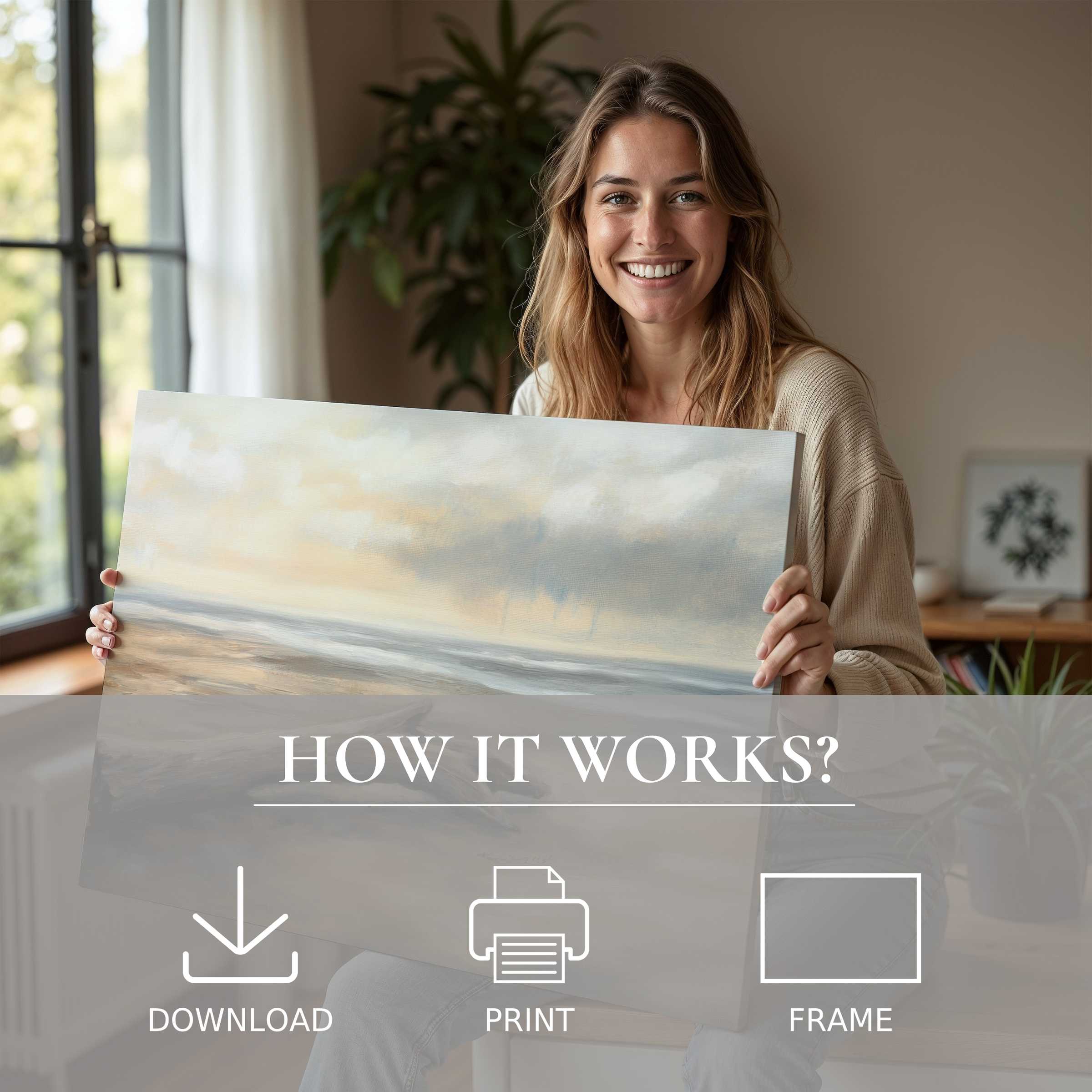 Bright coastal digital art print embraced in a serene modern home, evoking joy and effortless living with art