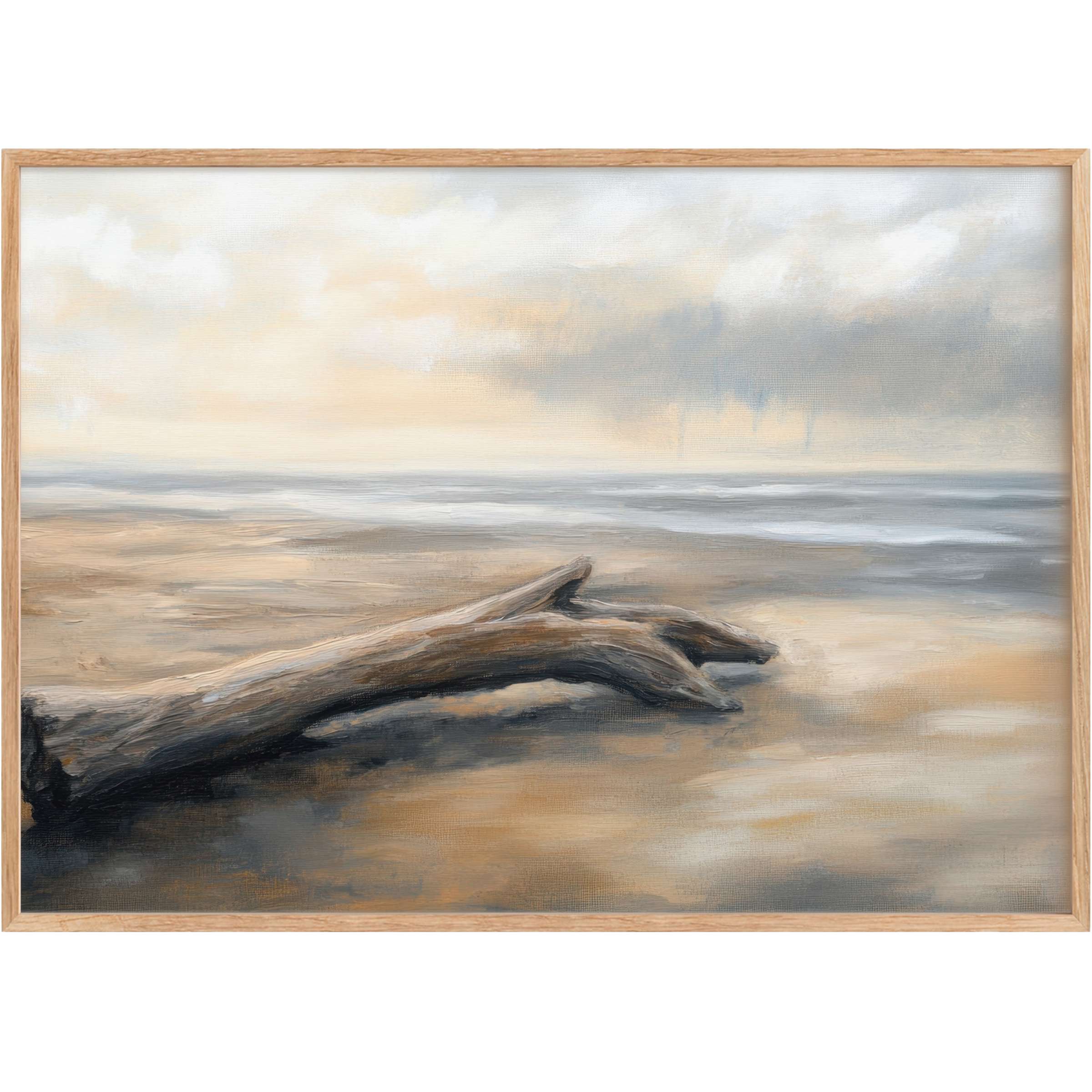 Coastal printable wall art evokes a serene beachscape with muted sands and soft grays, inspiring calm and understated elegance