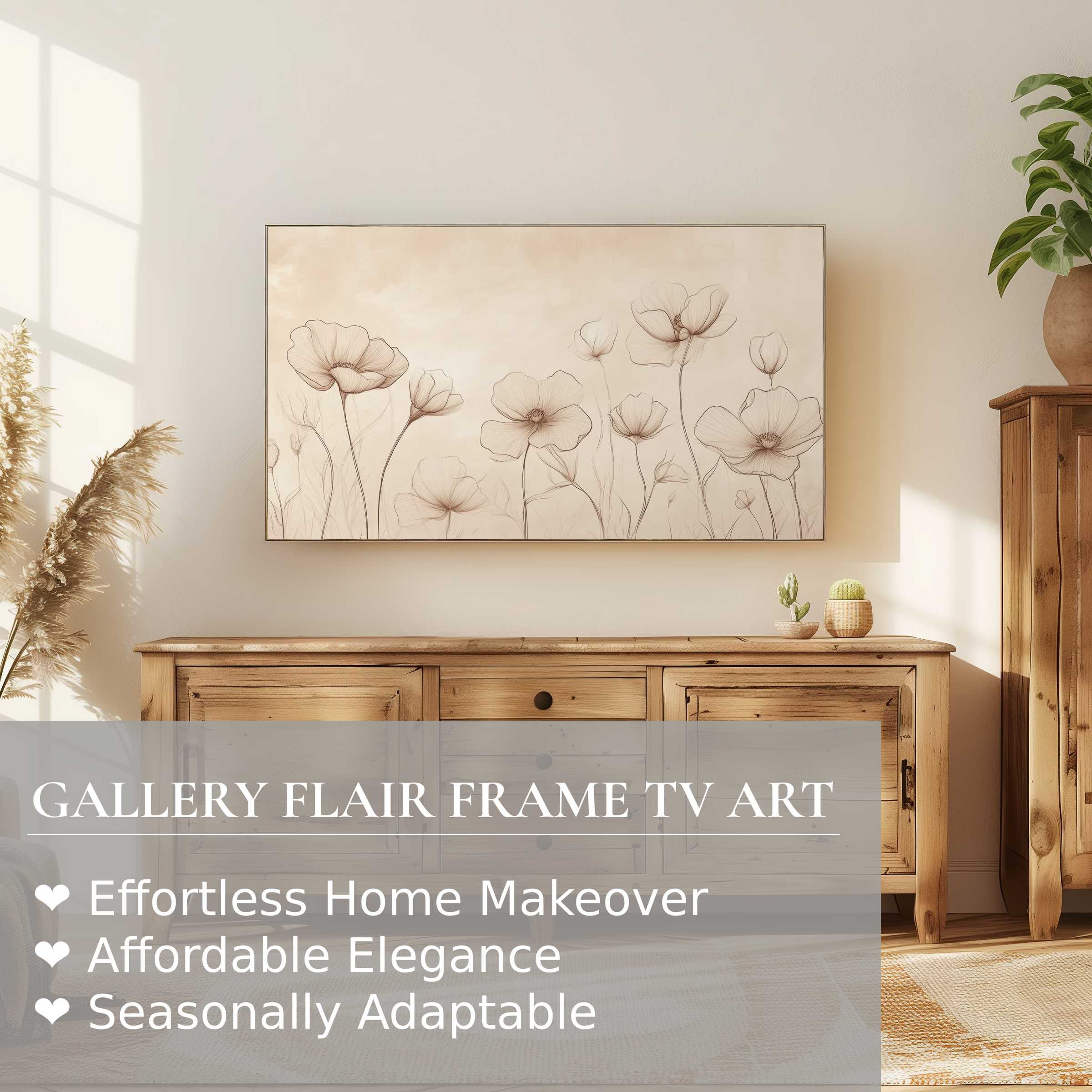 Modern living room with natural wood, Samsung Frame TV displaying delicate floral digital artwork in soft, neutral tones