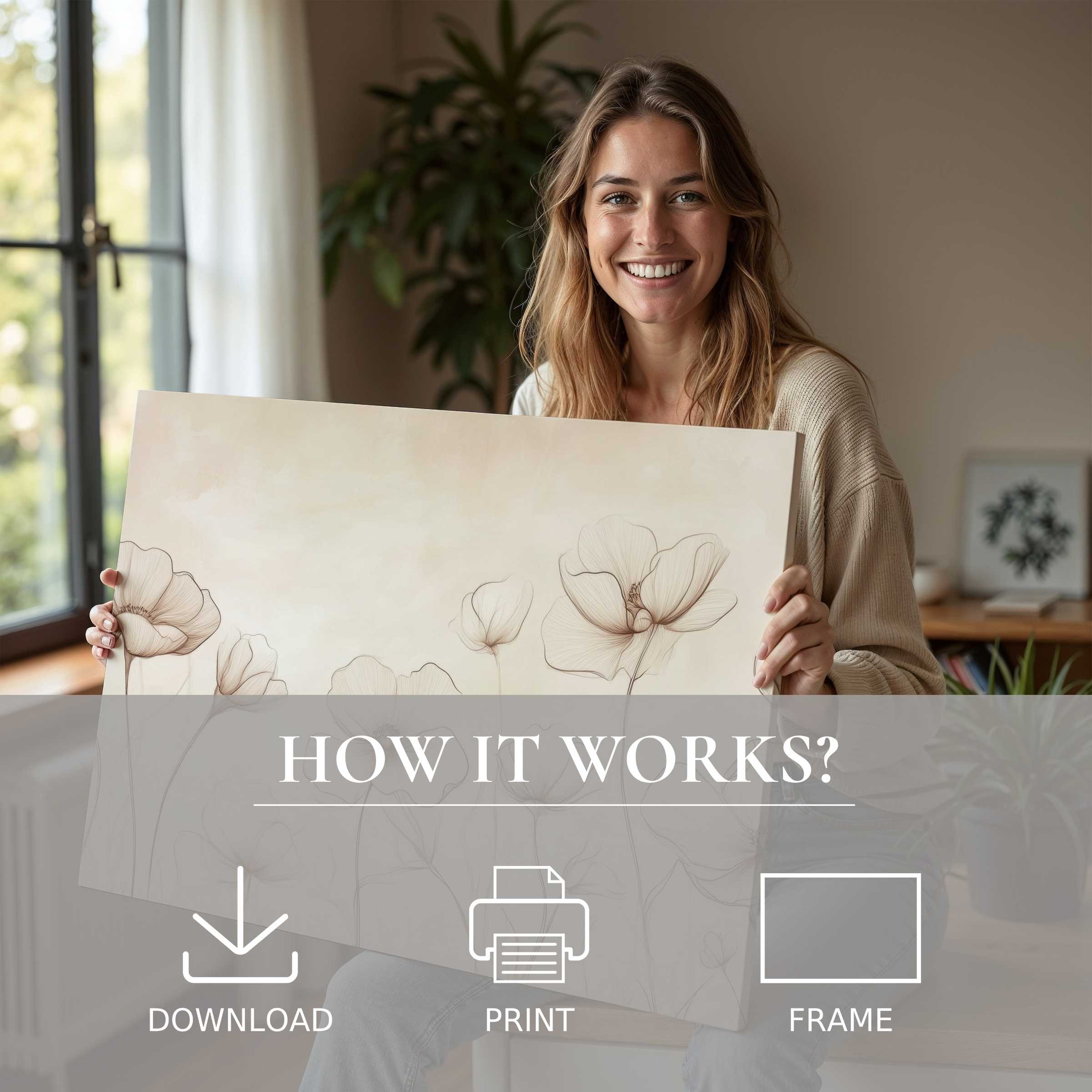 Elegant floral digital art print embraced warmly, illuminating a serene modern living space with effortless beauty and joy