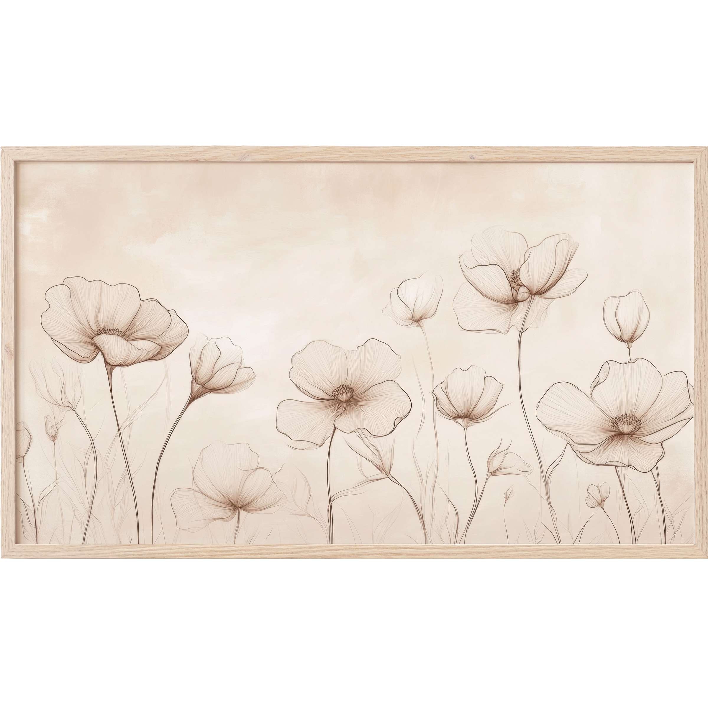 Floral Frame TV Art with delicate sepia-toned flowers on a soft beige background, showcasing modern elegance