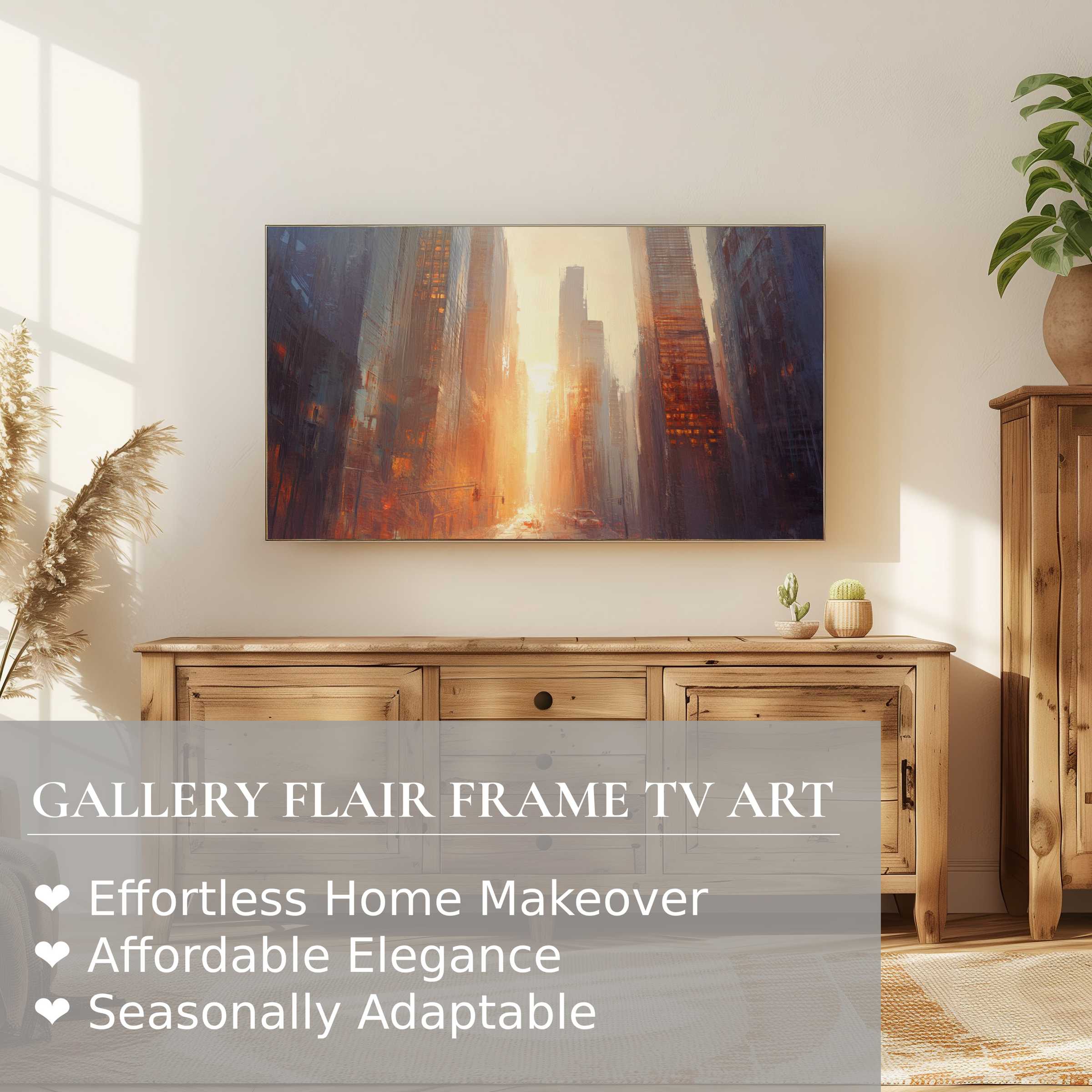 Samsung Frame TV displaying warm, atmospheric urban digital artwork in a stylish, sunlit living room setting