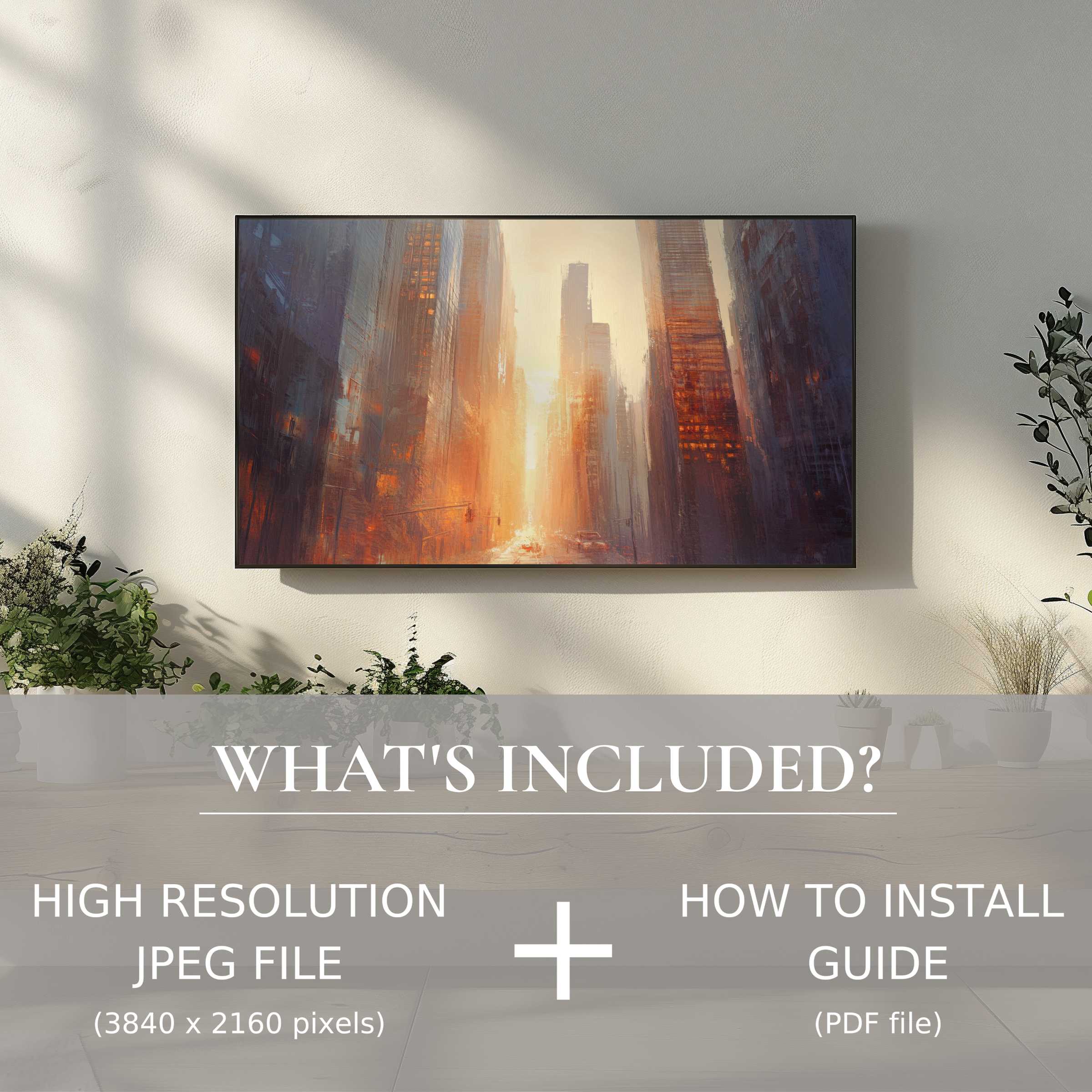 Urban digital TV art download enhancing modern living spaces with easy digital use and warm cityscape elegance