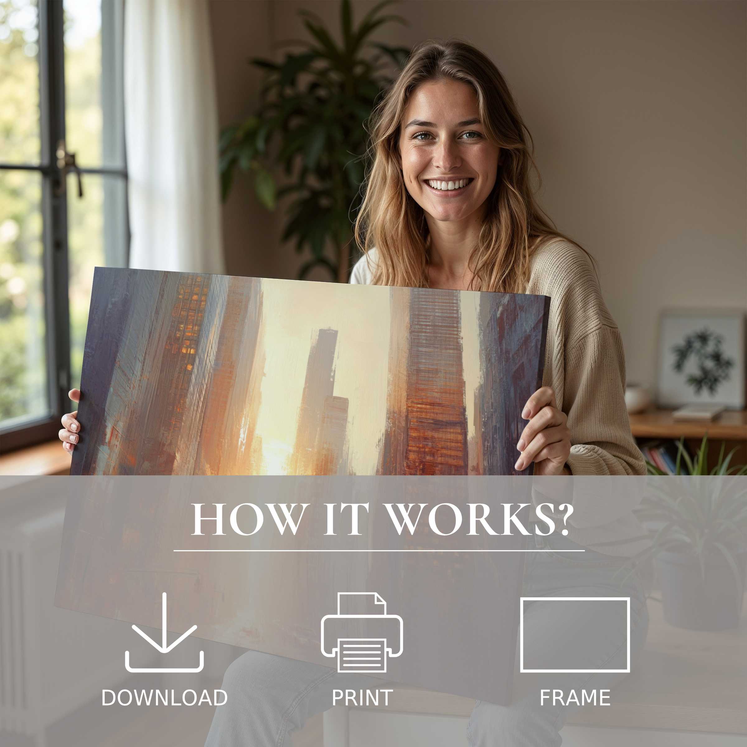 A joyful woman in a modern home radiates warmth as she embraces an urban digital art print, embodying the ease and elegance of living with art