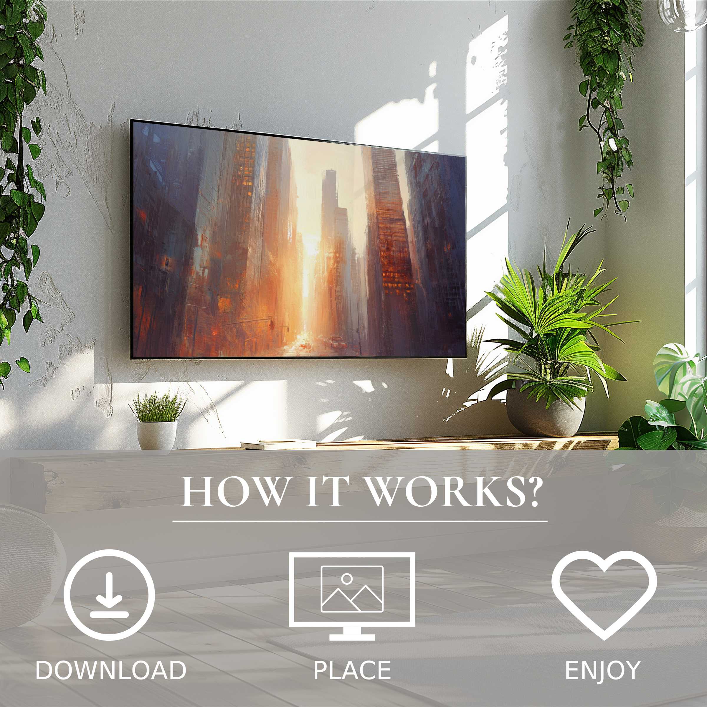 Urban art for Samsung TV in a bright room with plants, showing glowing cityscape tones, easy digital download and display