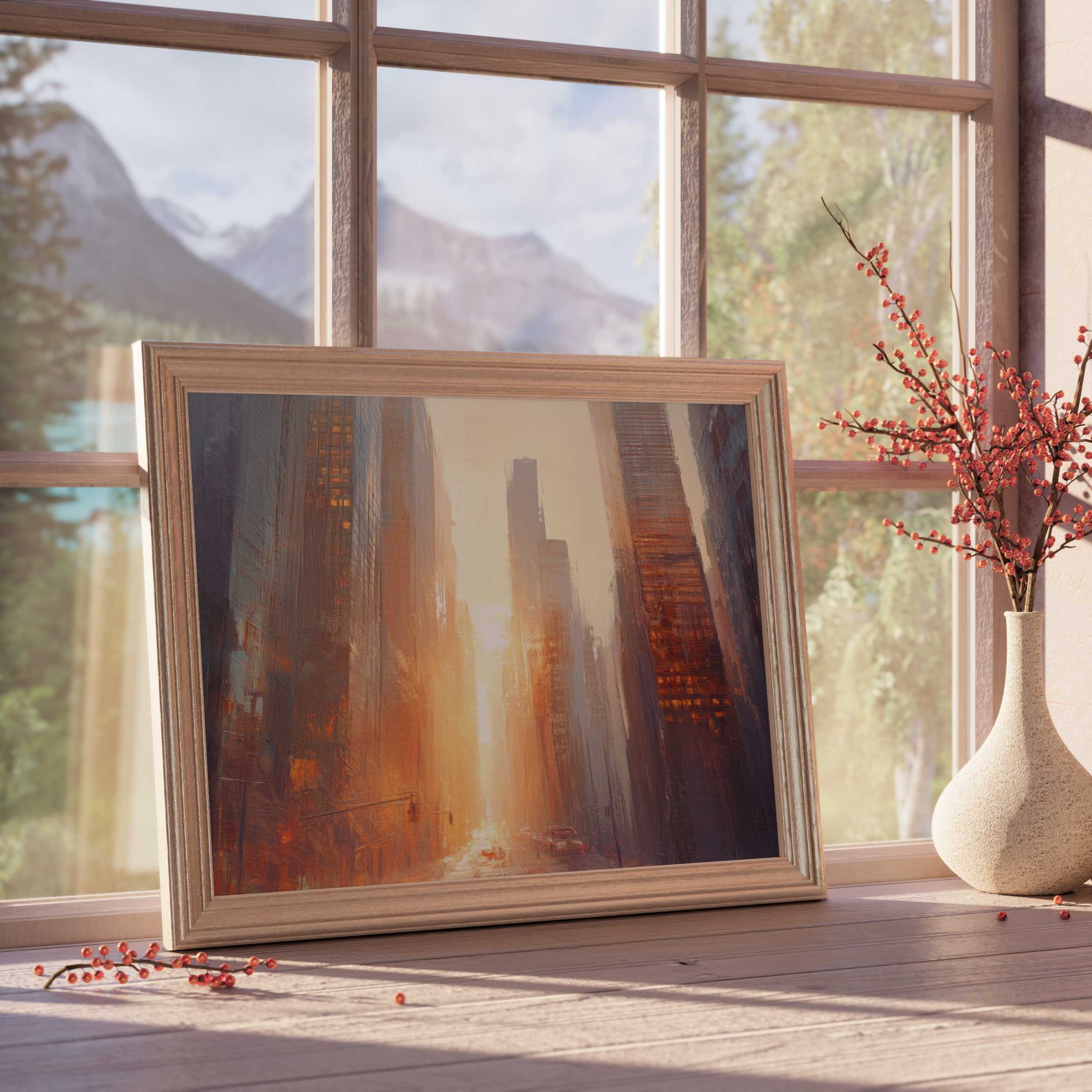 Urban downloadable art capturing a golden cityscape glow, perfect for elevating modern, tranquil interiors with stylish sophistication