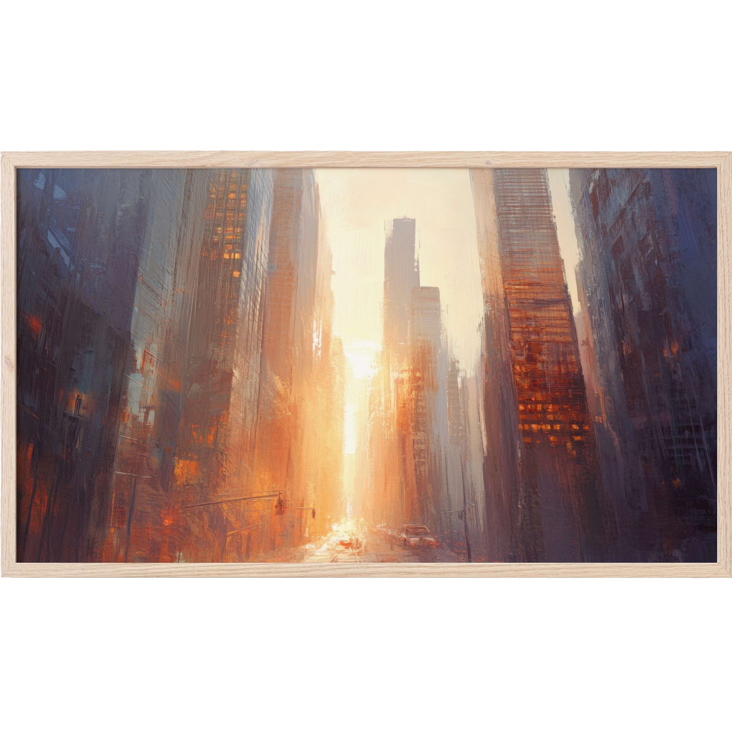 urban Frame TV Art featuring a glowing cityscape in warm oranges and cool blues with a modern, textured style