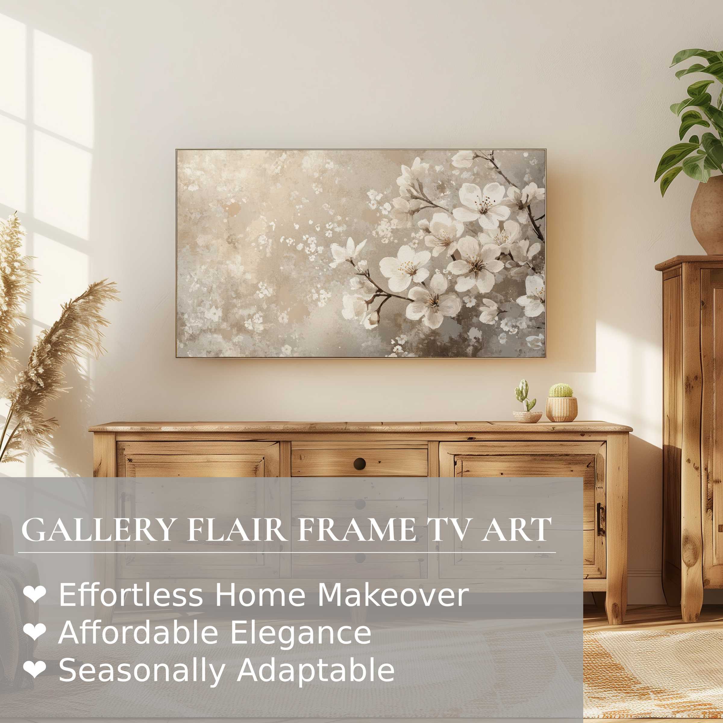 Samsung Frame TV showcasing refined spring digital artwork of delicate blossoms in a warm, elegant living space