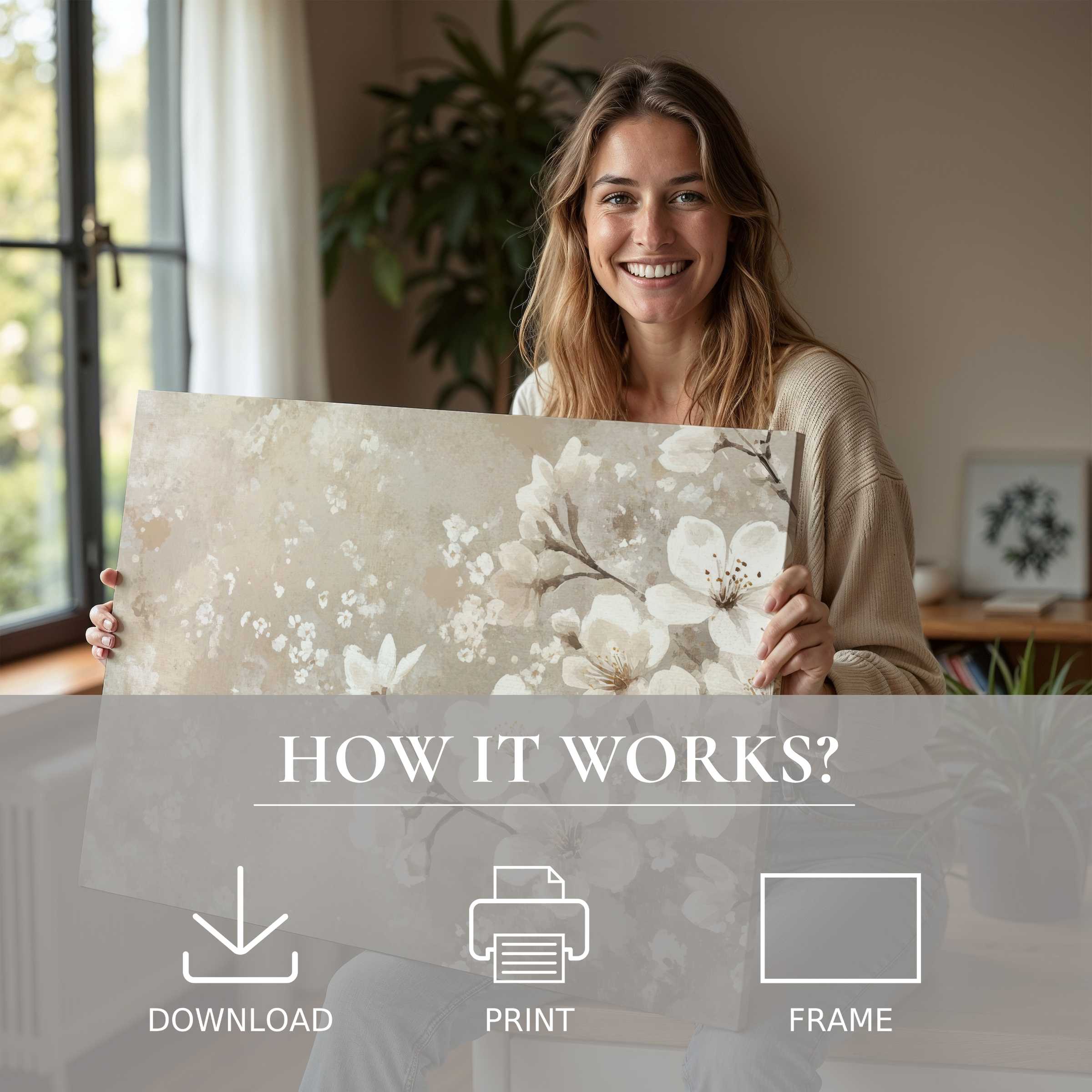 A luminous moment of connection and joy with spring digital art print, soft florals elevating modern living spaces