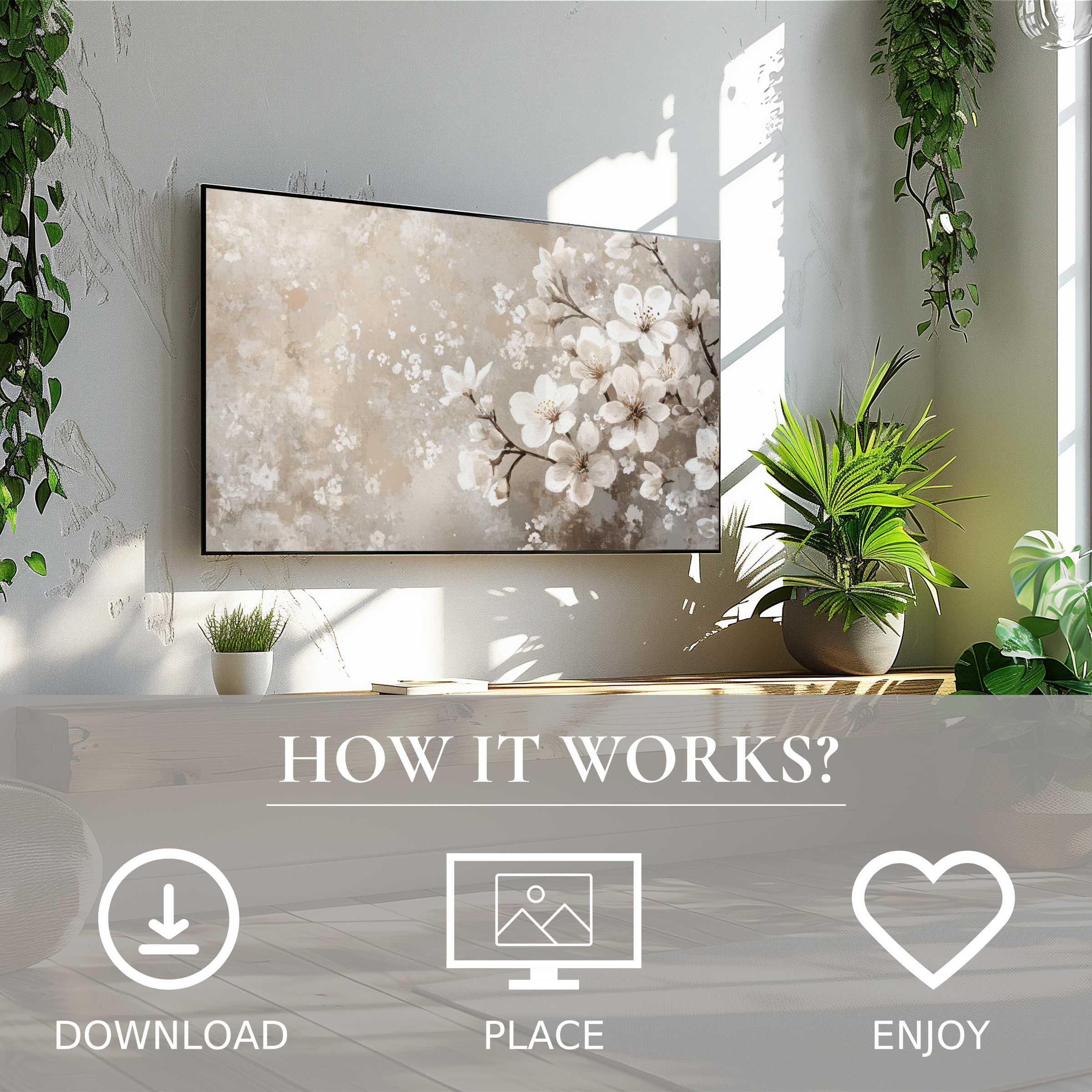 spring art for Samsung TV with soft floral blooms, easy digital download enriches modern living spaces