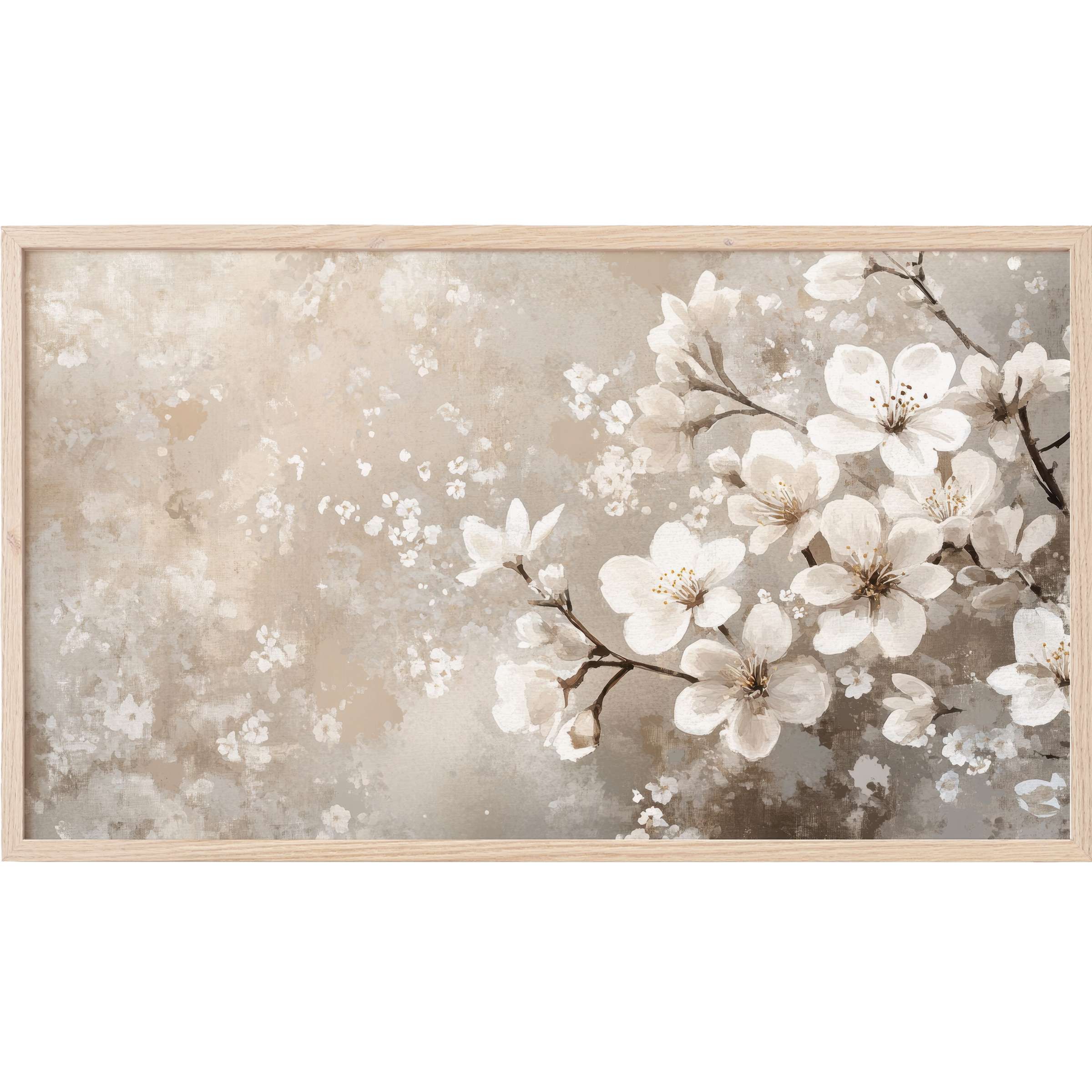 Elegant spring Frame TV Art with delicate white blossoms in soft beige and gray watercolor tones
