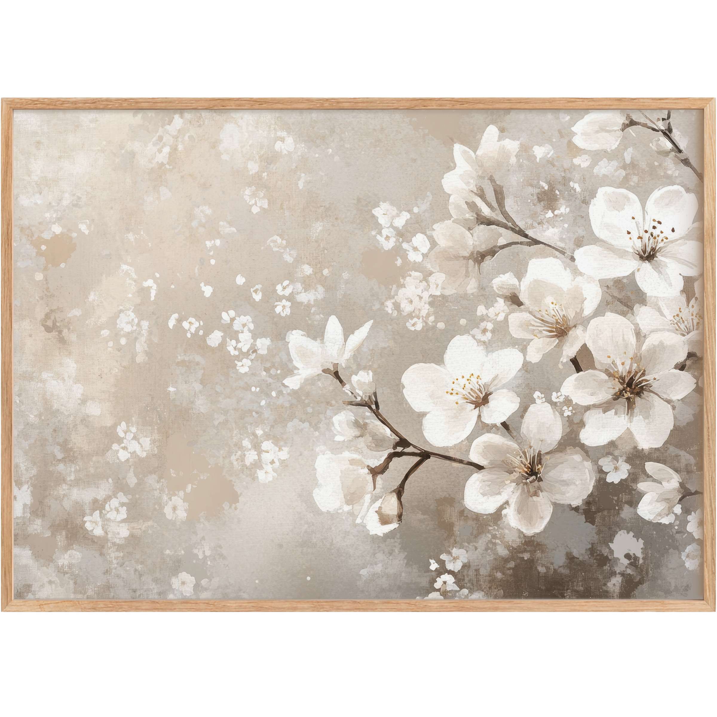 Elegant spring printable wall art with soft white blossoms and muted taupe tones, creating a serene and refined ambiance