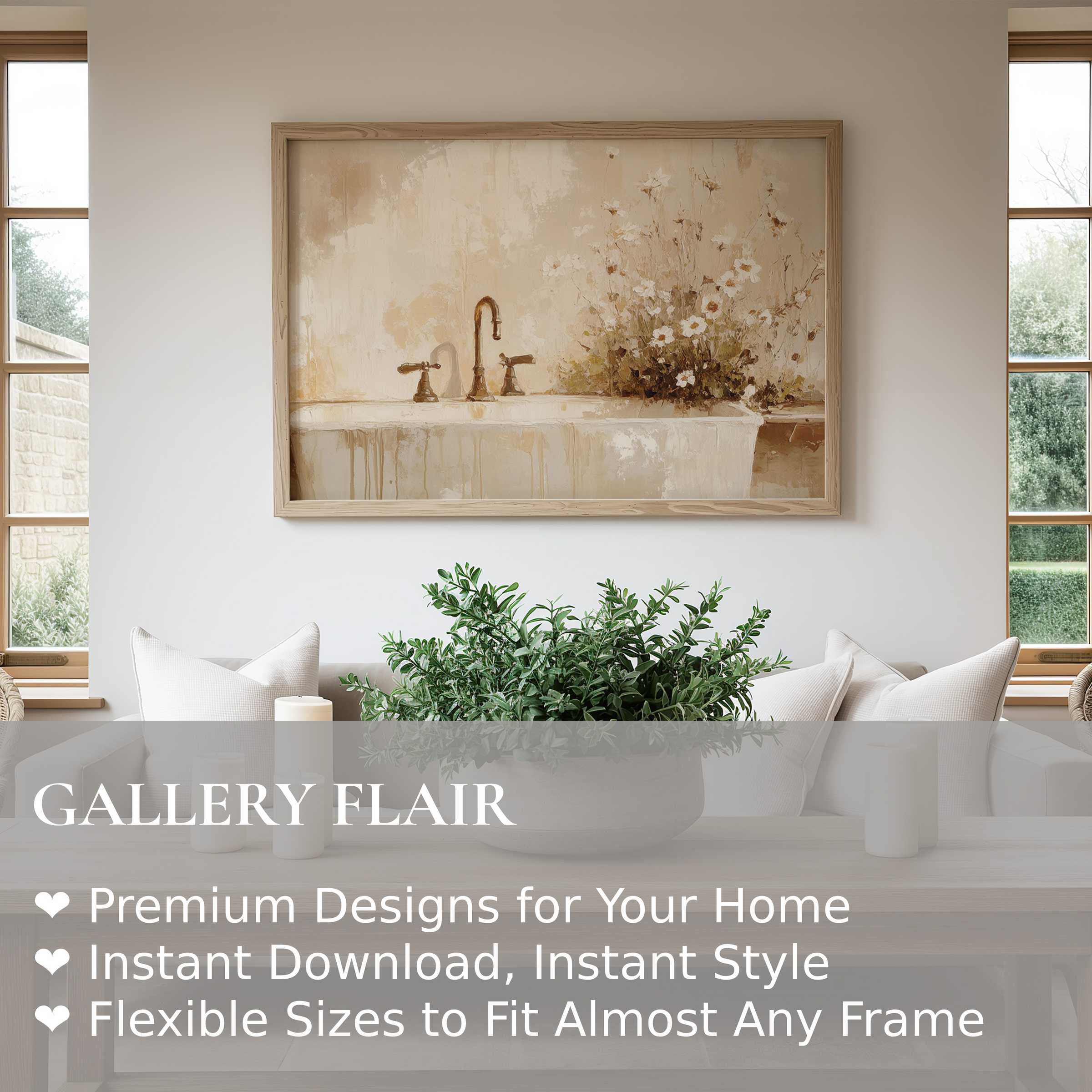 Farmhouse wall art print of a soft, radiant botanical vignette with vintage faucet details, enhancing serene, modern rustic interiors
