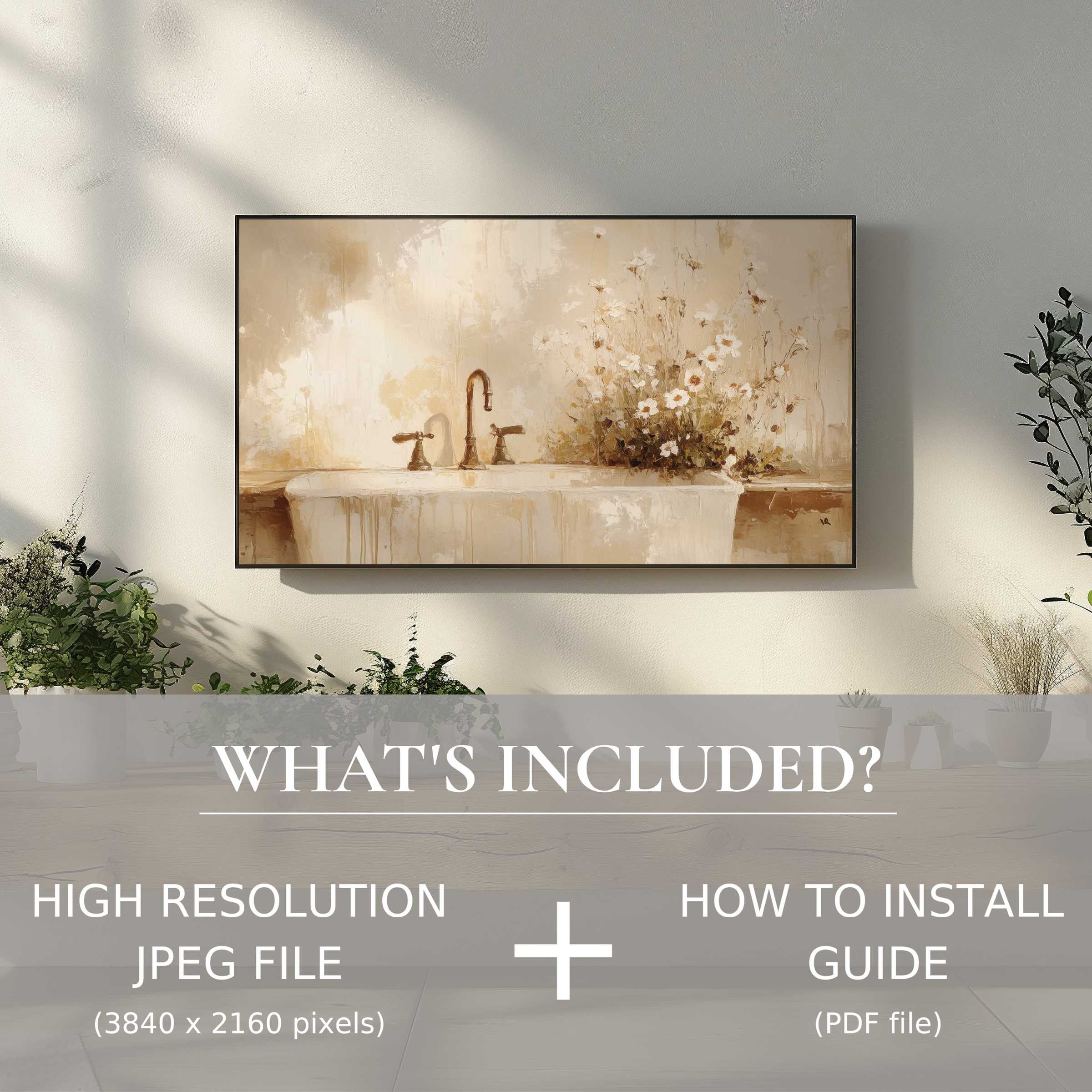 Elegant farmhouse digital TV art download enhances chic living spaces with easy digital use and high-res JPEG installation guide