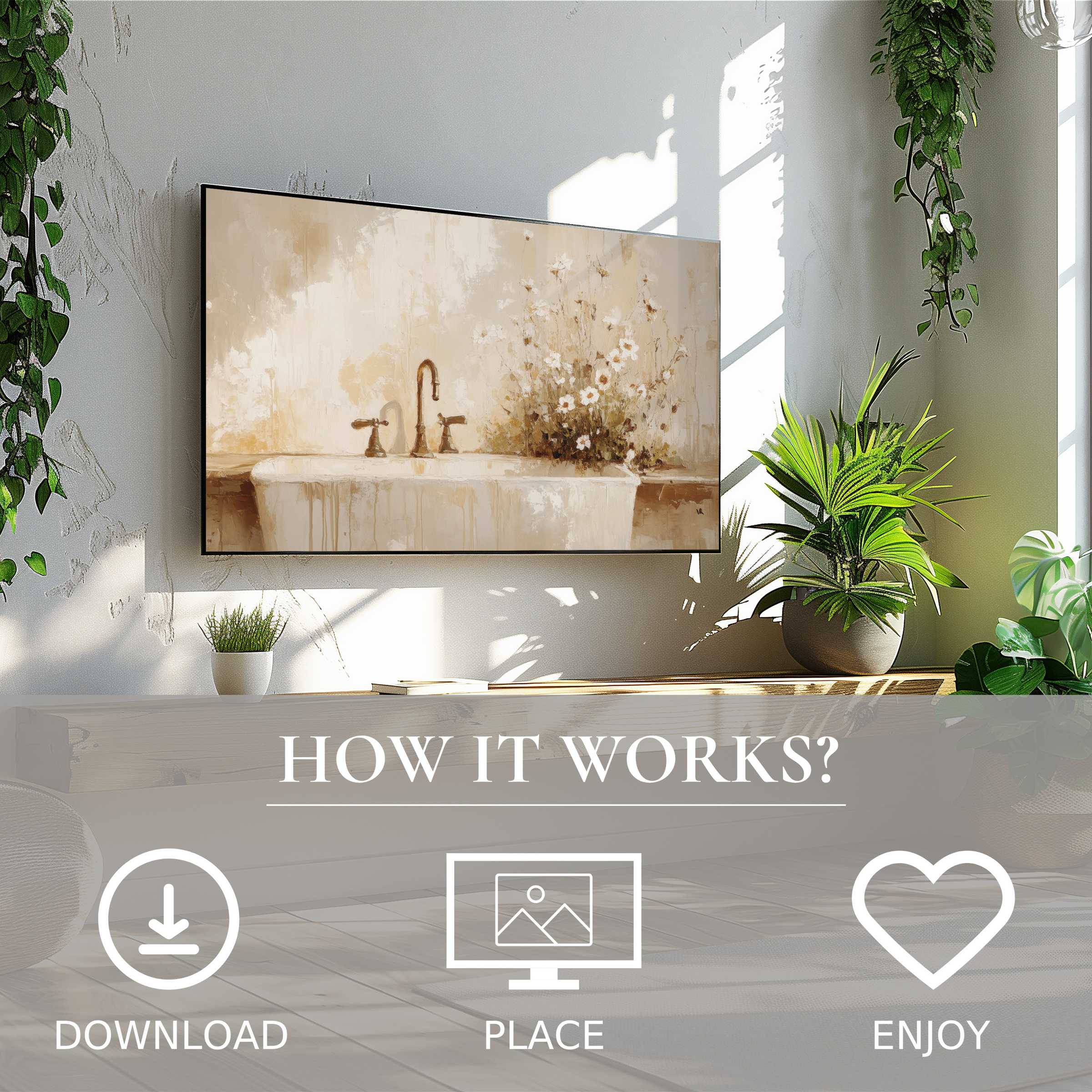 Farmhouse art for Samsung TV shows soft, warm tones of vintage sink; easy digital download enriches cozy living space