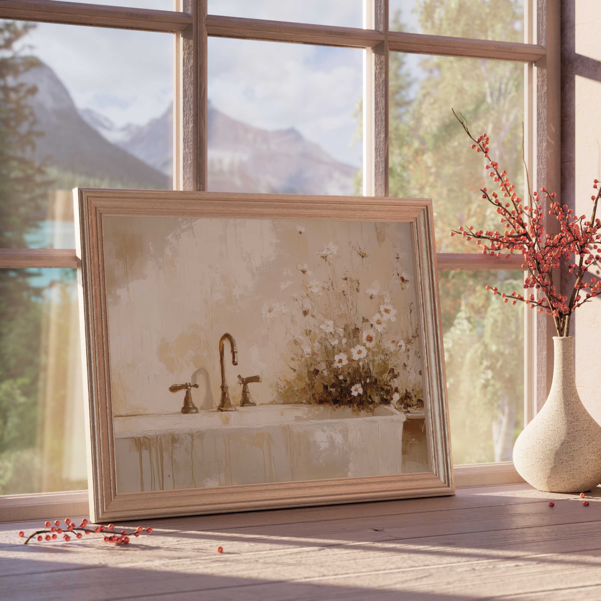 Farmhouse downloadable art capturing soft neutrals and delicate florals, elevating serene, curated interiors with timeless rustic charm