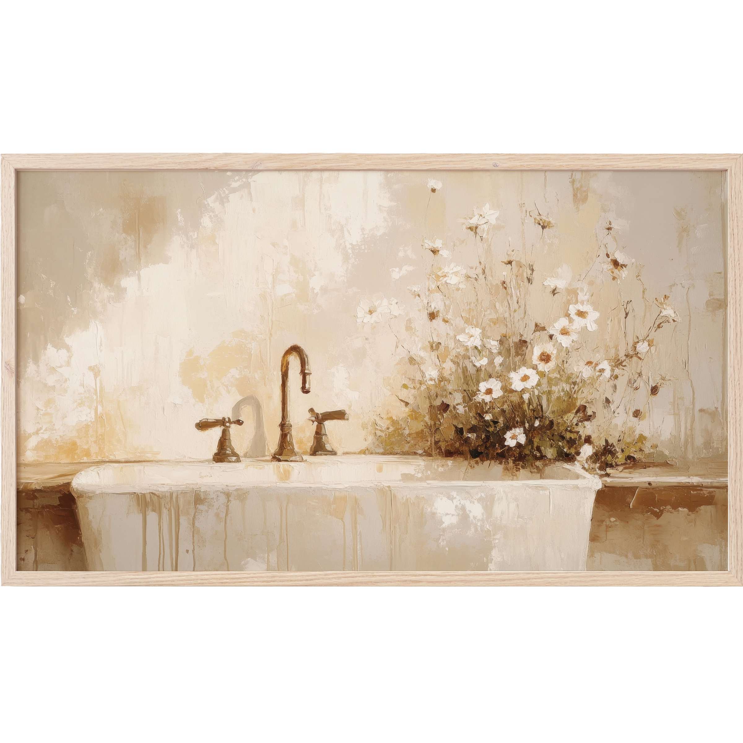 Farmhouse Frame TV Art of a vintage tub with brass faucet and soft white flowers in muted beige tones