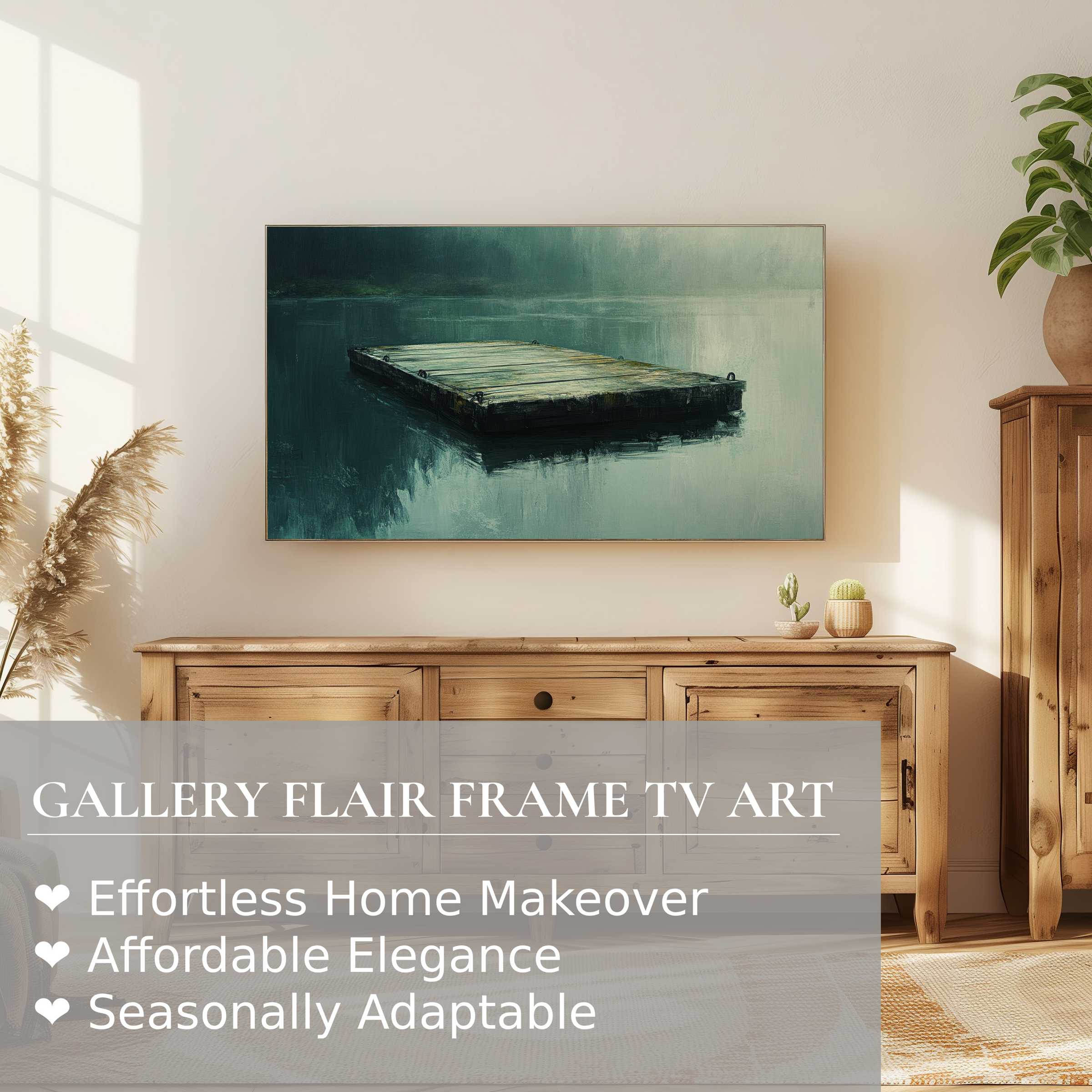 Samsung Frame TV displaying serene beach digital artwork, modern rustic room with natural light and wood accents