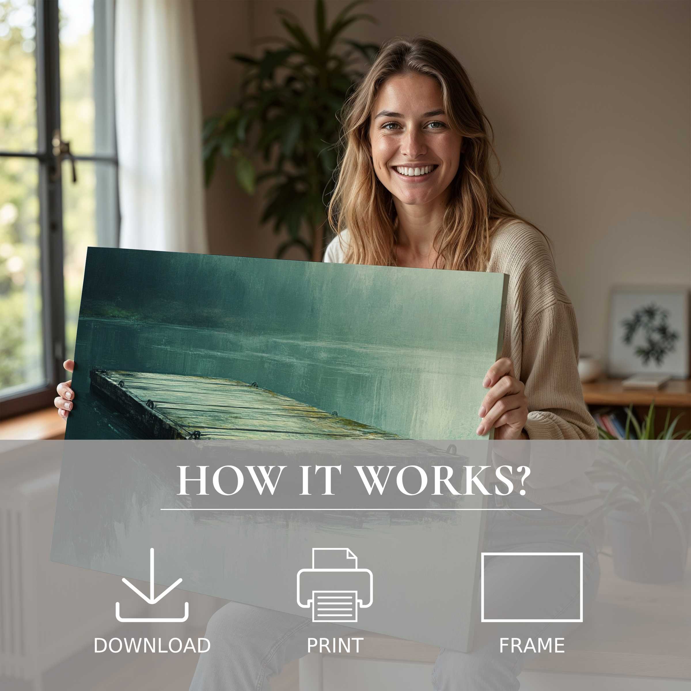 A serene moment in a modern home reveals a captivating beach digital art print, evoking peaceful connection and joy