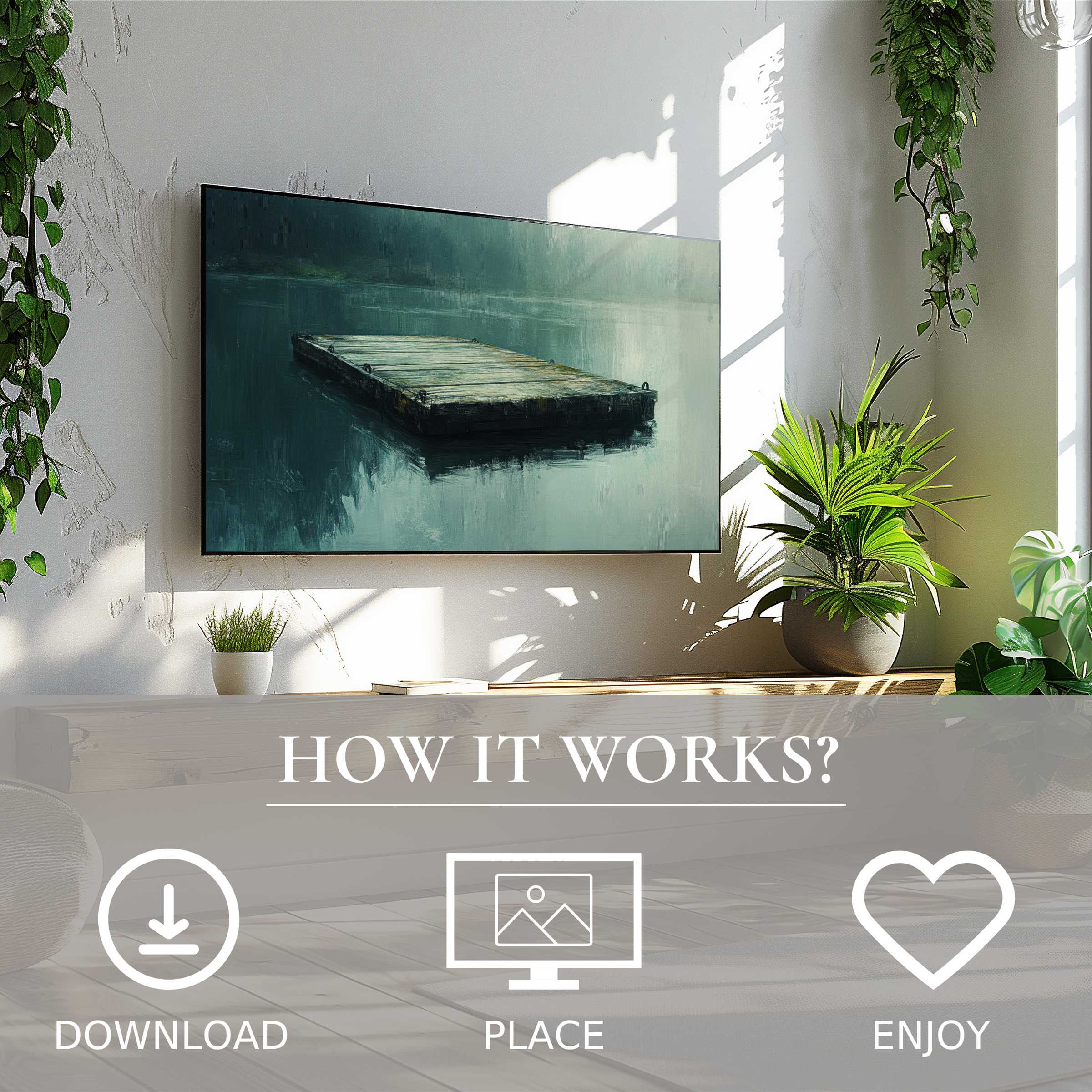 Modern living room with easy digital download beach art for Samsung TV; serene dock motif enriches space