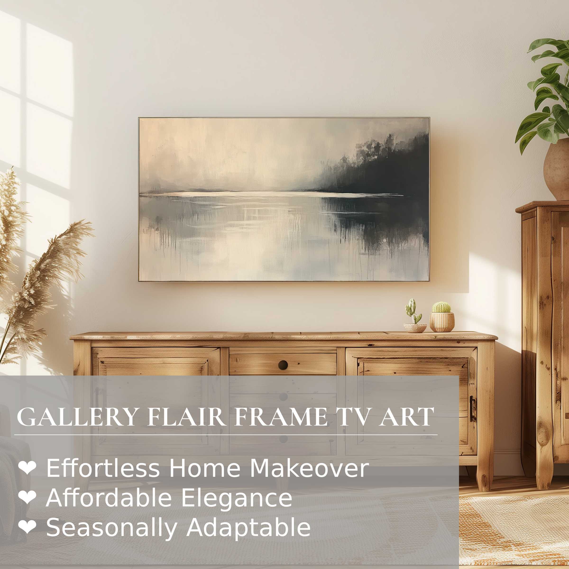 Samsung Frame TV showcasing neutral digital artwork in a serene, modern living space with natural wood tones