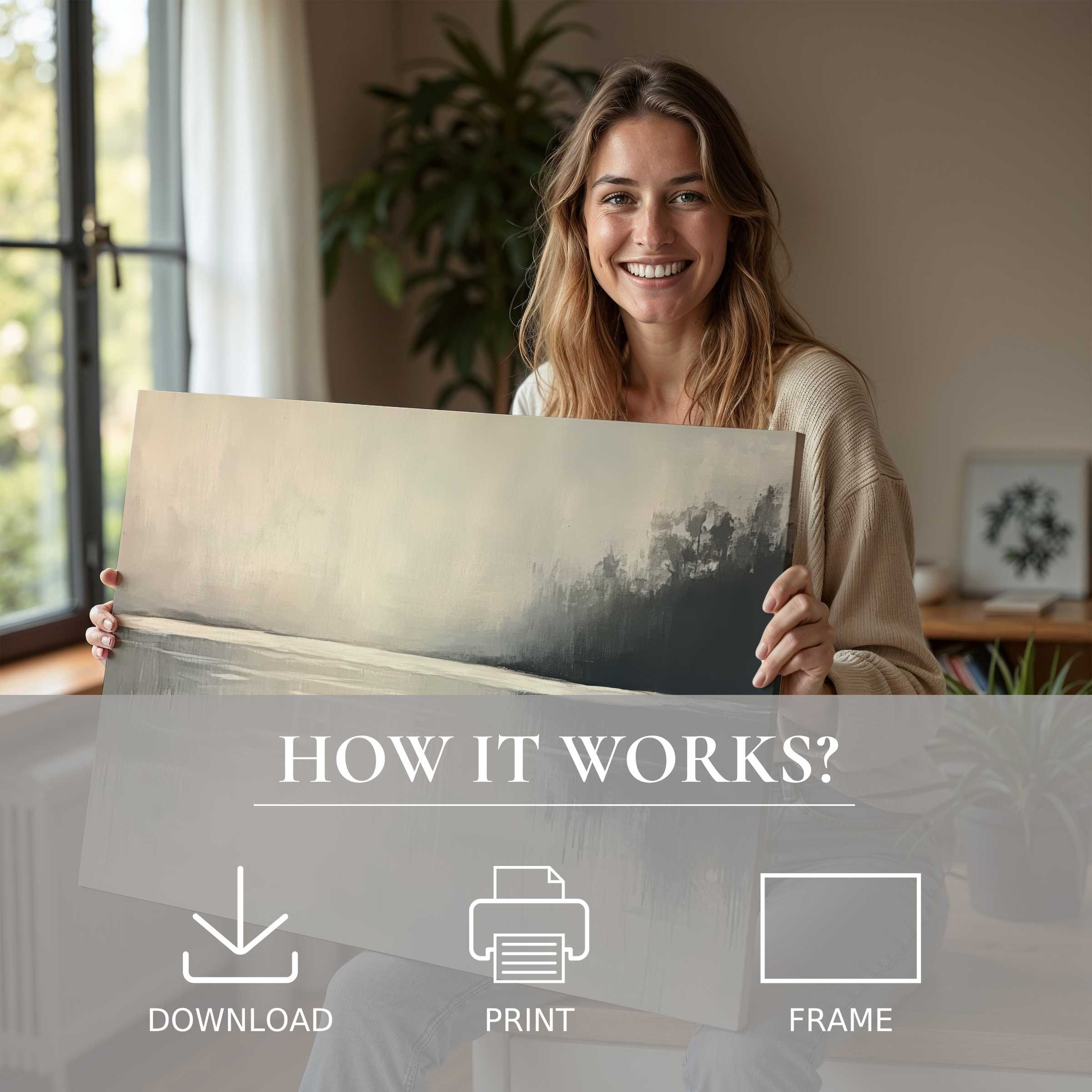A serene moment of joy as a woman embraces a neutral digital art print, bringing effortless elegance and warmth into a modern home