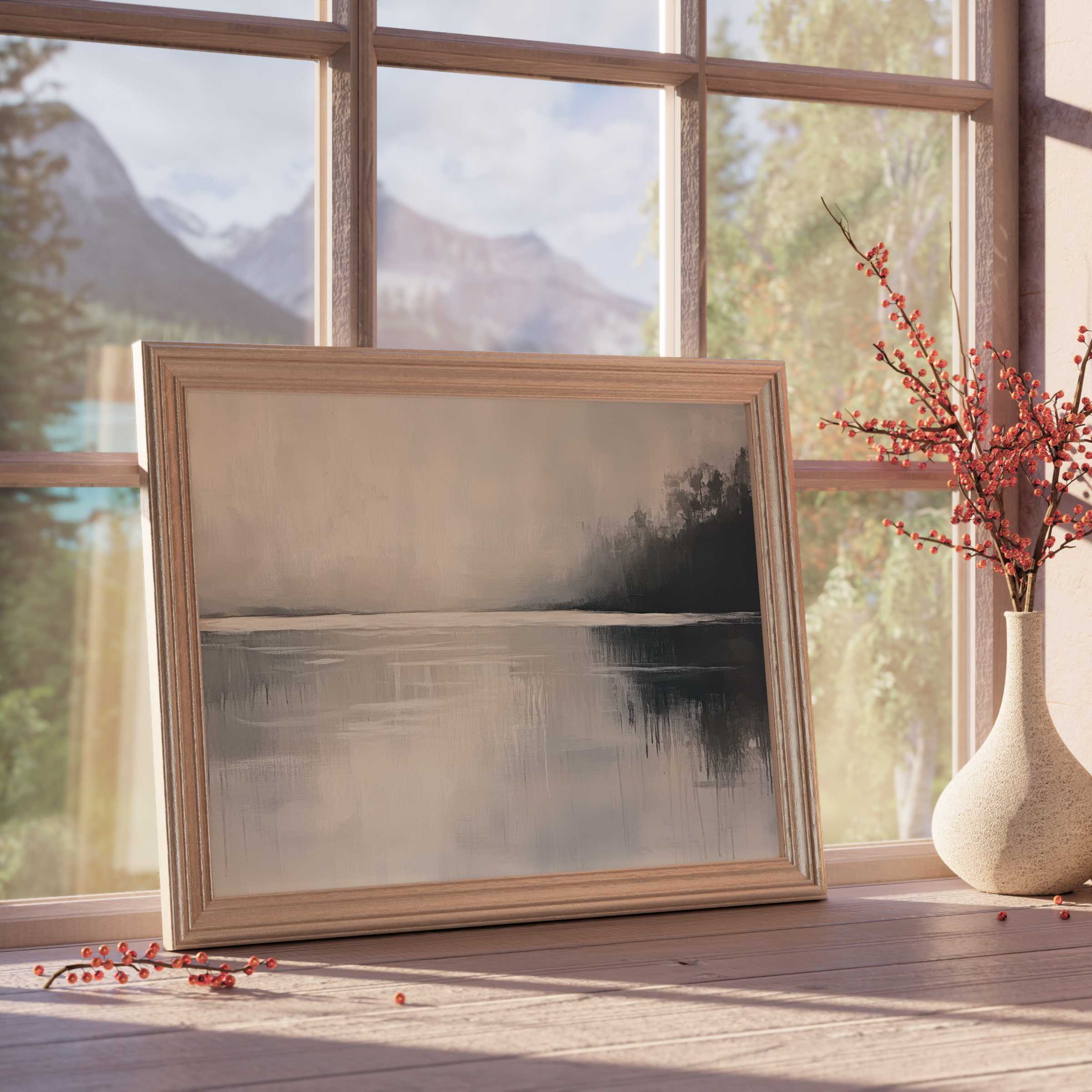 Serene neutral downloadable art embodying tranquil waters and misty horizons, elevating curated, calm, design-forward interiors