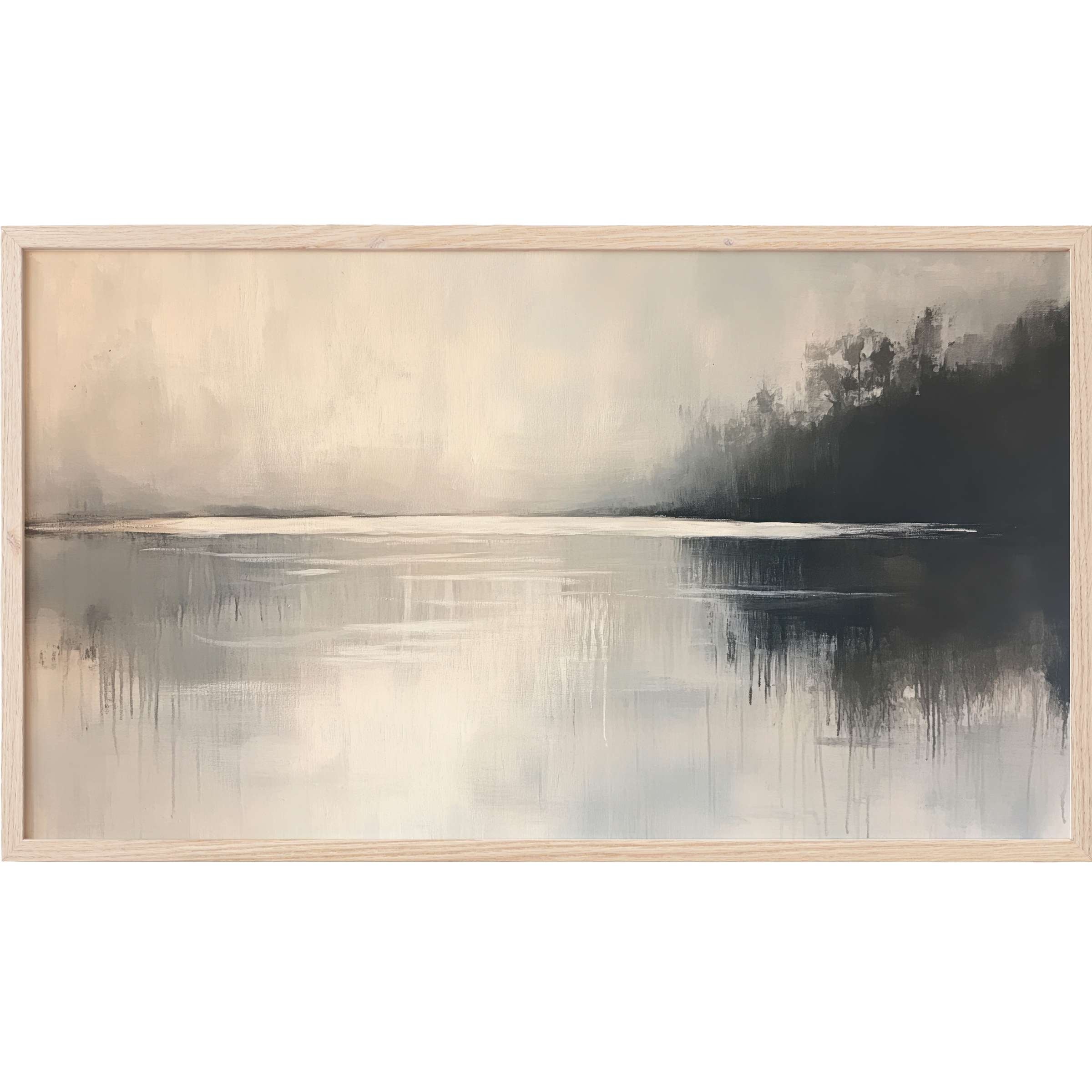 Serene lakescape in soft grays and creams with dark silhouettes, embodying refined neutral Frame TV Art elegance
