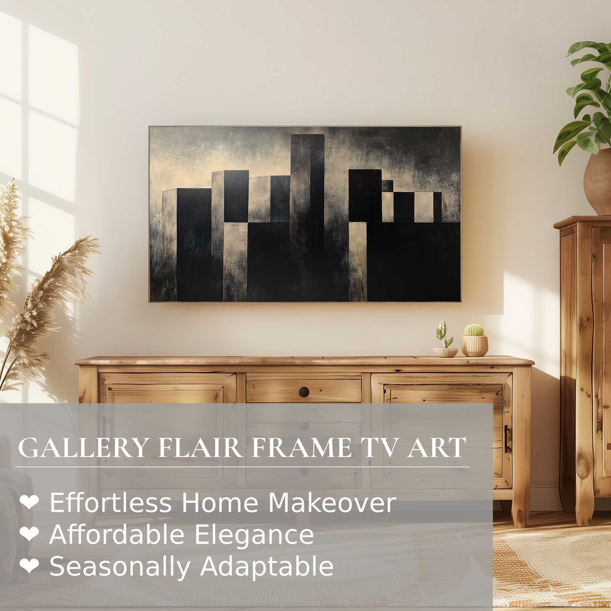 Samsung Frame TV displays minimalist digital artwork with geometric forms in a warm, sunlit, rustic-chic interior