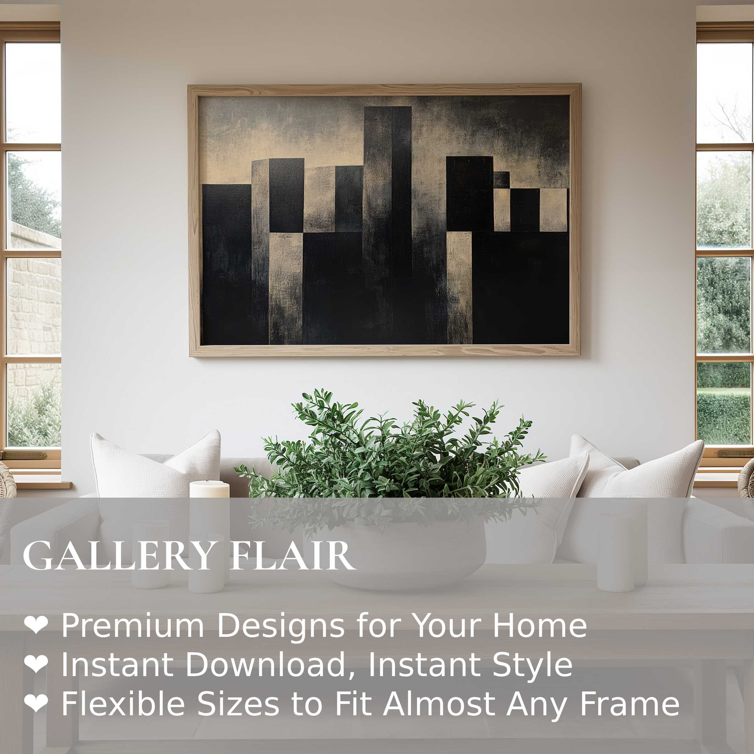 Minimalist wall art print featuring bold geometric cityscape in charcoal tones, enhancing a serene, modern Scandinavian living room