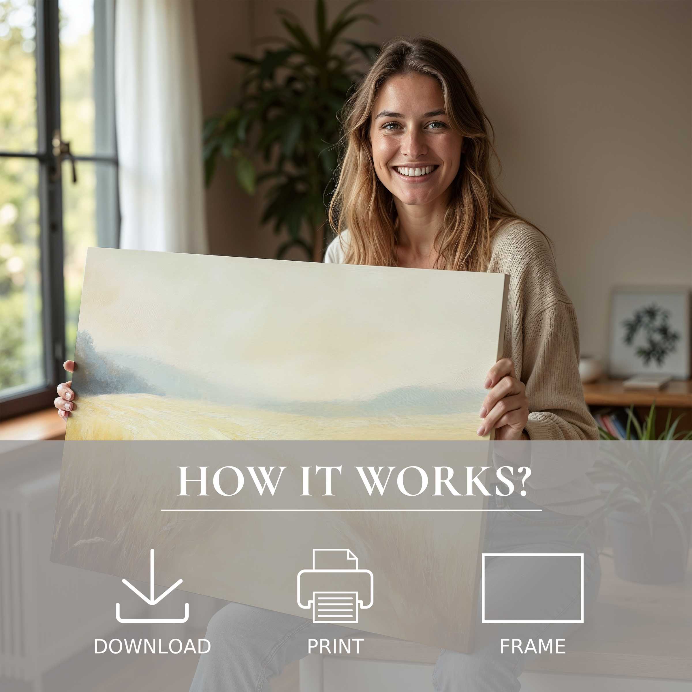 Refined landscape digital art print illuminating a modern home with warmth and effortless elegance, inspiring joy and connection