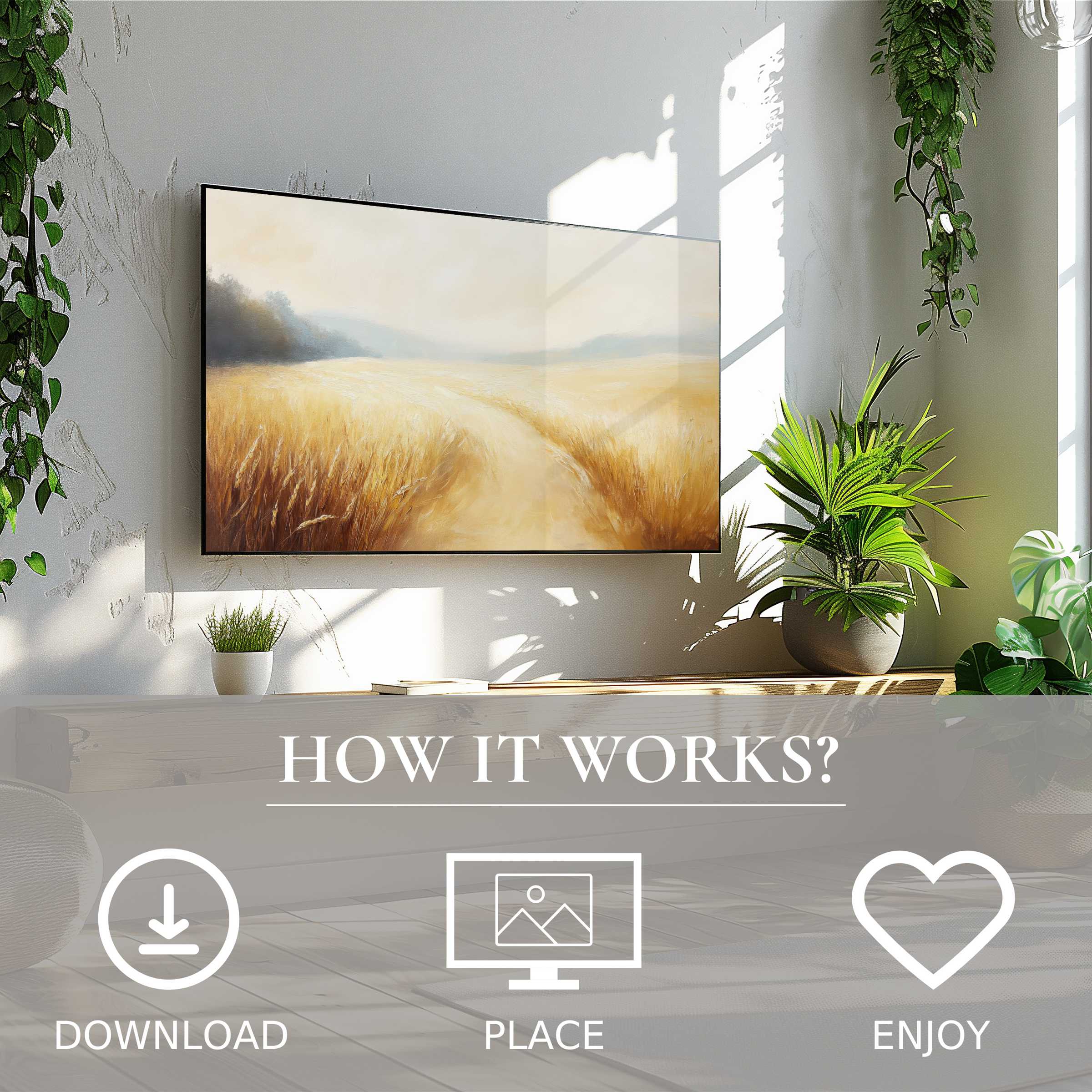 Modern living space with landscape art for Samsung TV; soft sunset tones enrich room, simple digital download