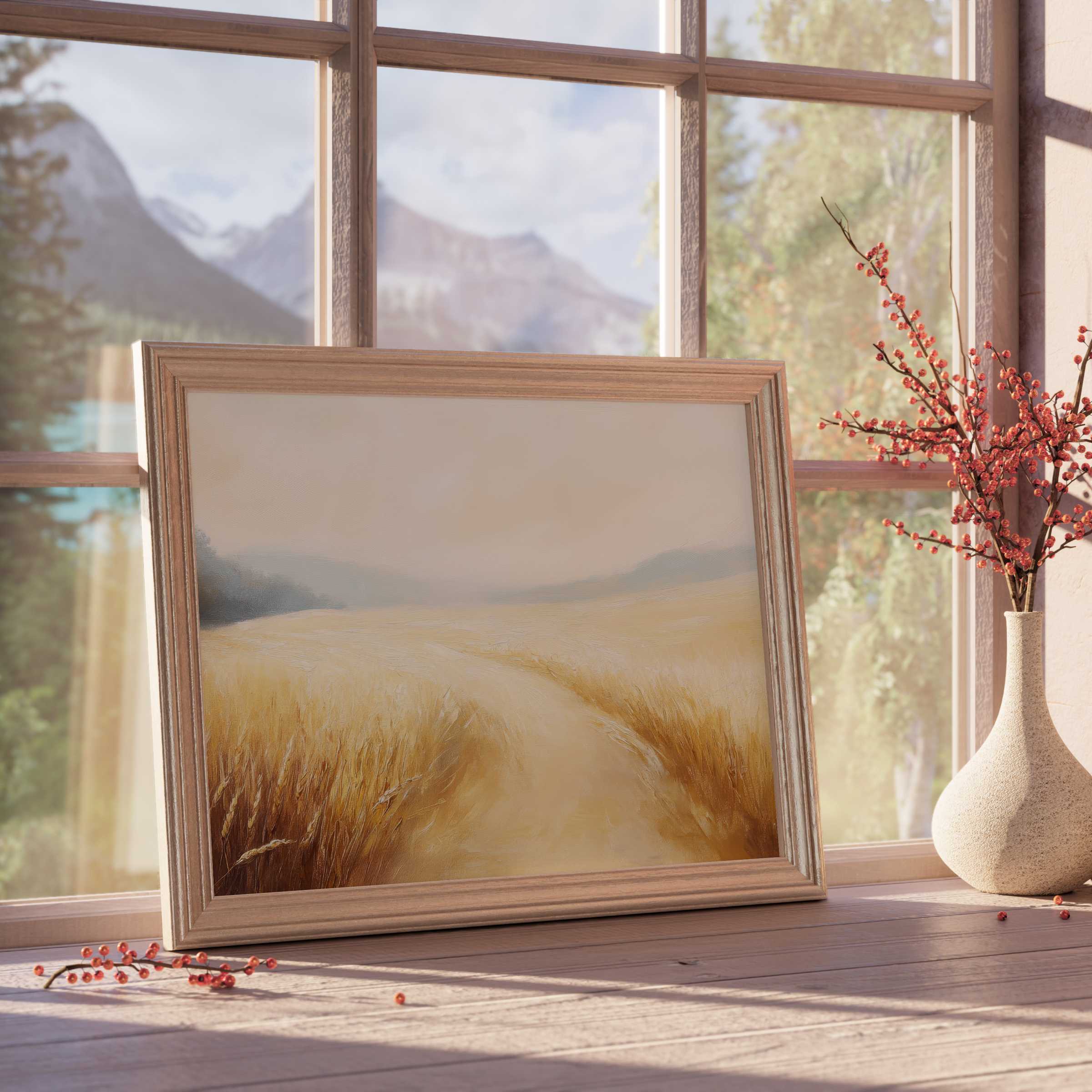 Golden wheat fields glow warmly in this landscape downloadable art, perfect for enhancing serene, curated interiors