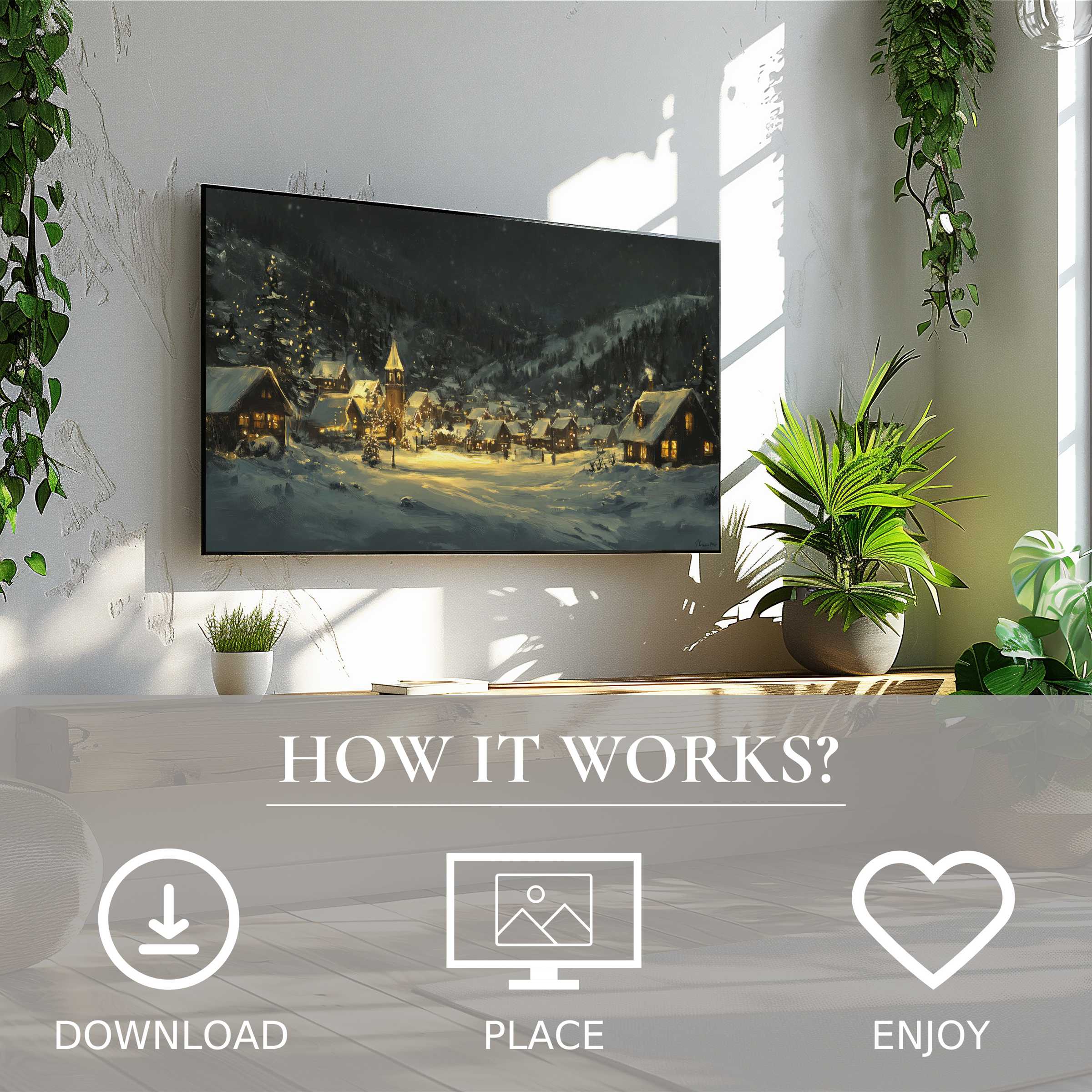Christmas art for Samsung TV shows a cozy snowy village; easy digital download enriches stylish living spaces