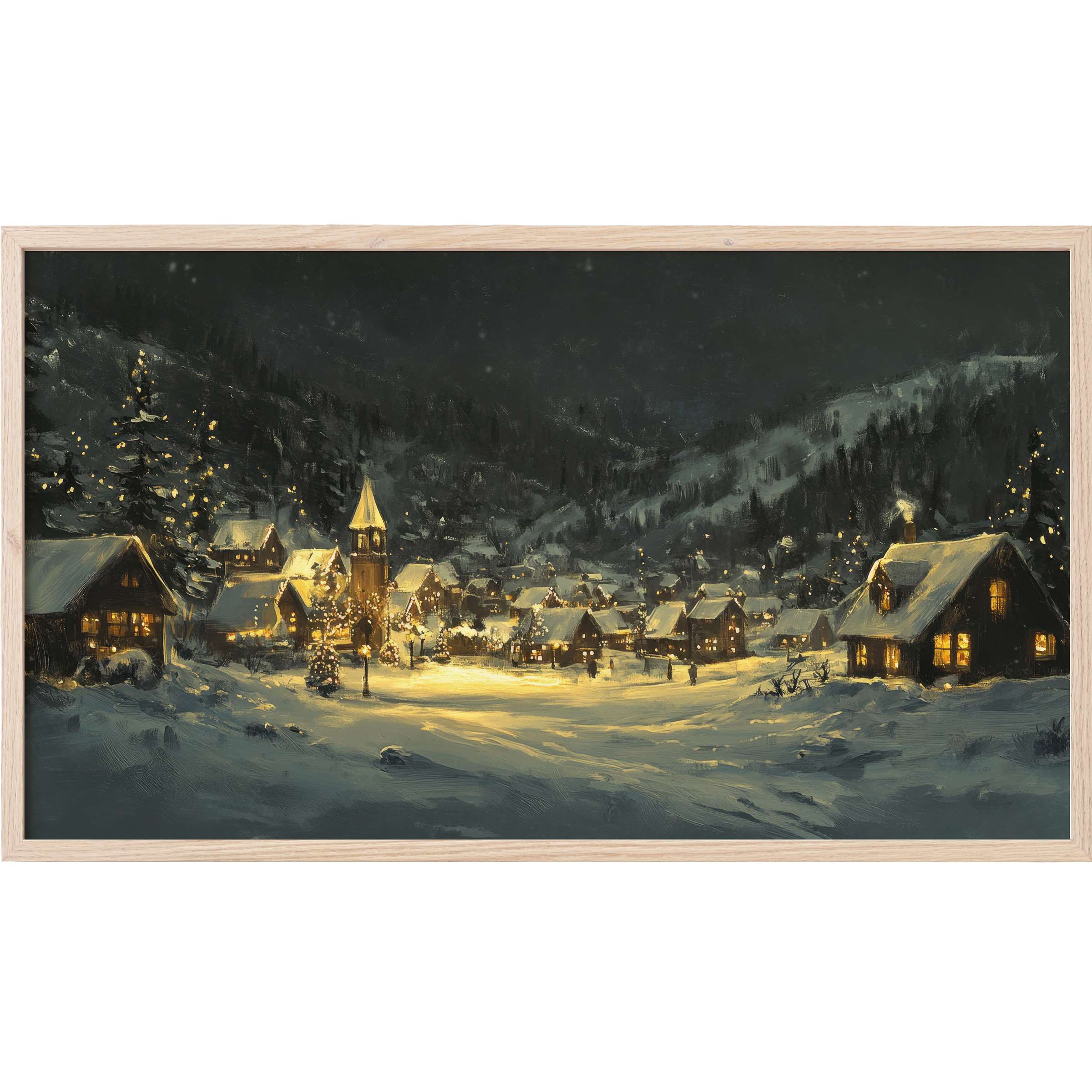 Christmas Frame TV Art depicting a serene snowy village at night with warm lights and soft, painterly textures