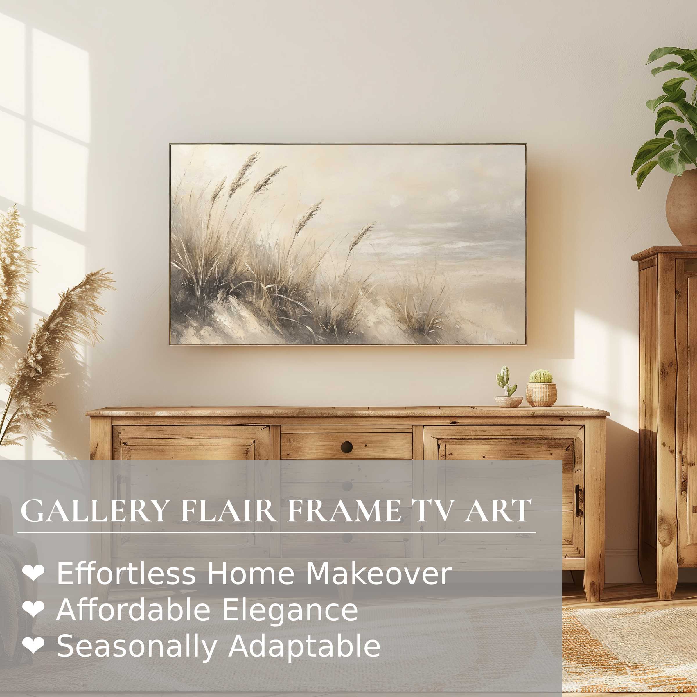 Samsung Frame TV displays a serene summer digital artwork of sandy grasses, enhancing elegant modern decor