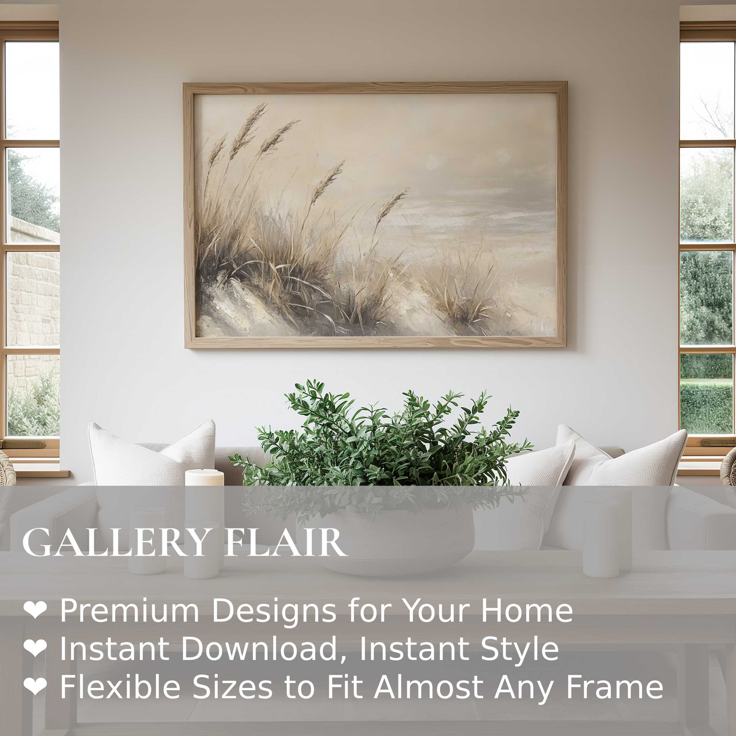 Serene summer wall art print featuring soft dune grasses in muted earth tones, enriching minimalist modern interiors with calming coastal elegance