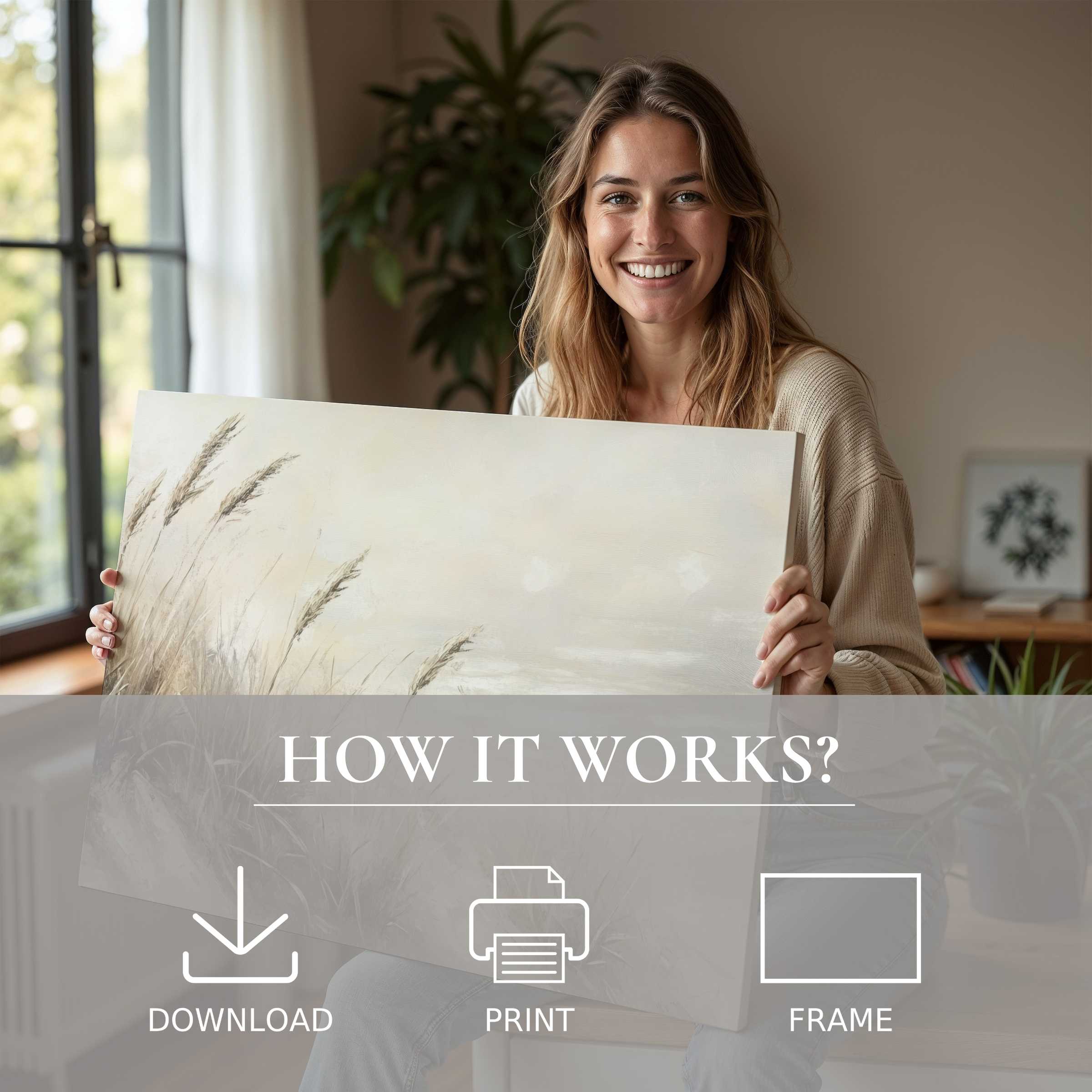Woman radiates joy in a sunlit modern home, embracing a summer digital art print that transforms living space with serene warmth