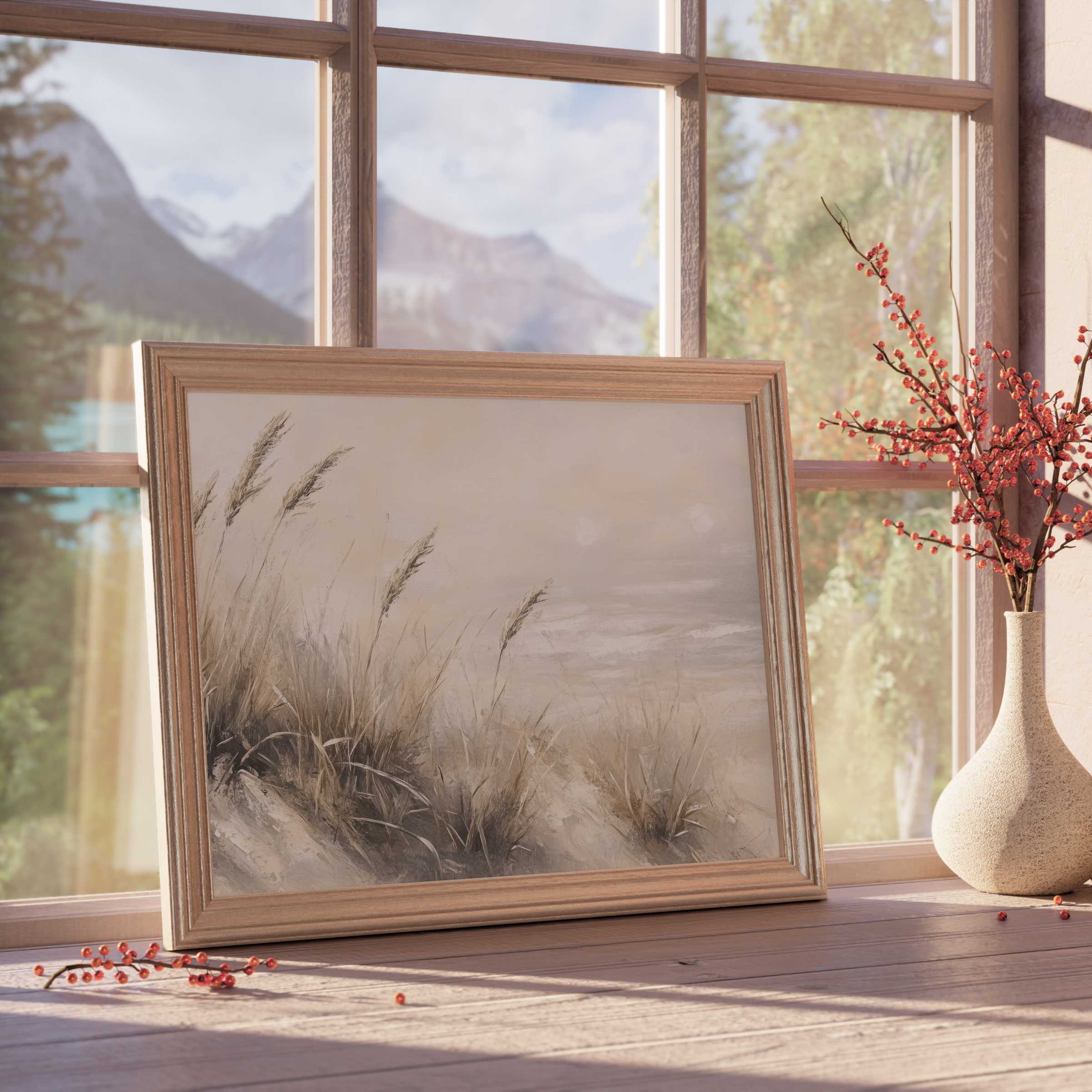 Summer downloadable art capturing serene coastal grasses in soft neutrals, elevating calm, curated interiors with warm, elegant charm