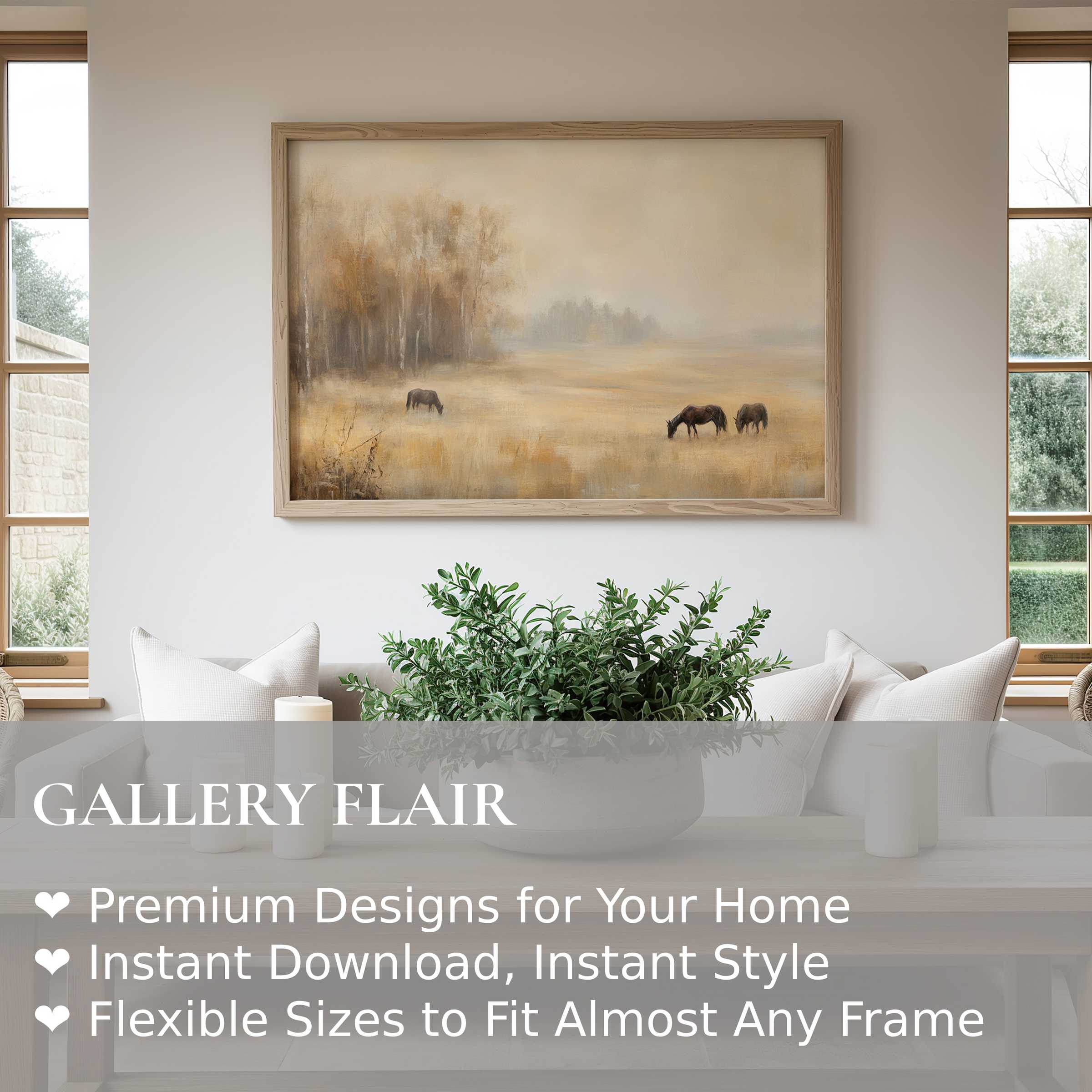 Vintage wall art print of a serene pastoral landscape with grazing horses, enhancing calm, rustic-chic interiors