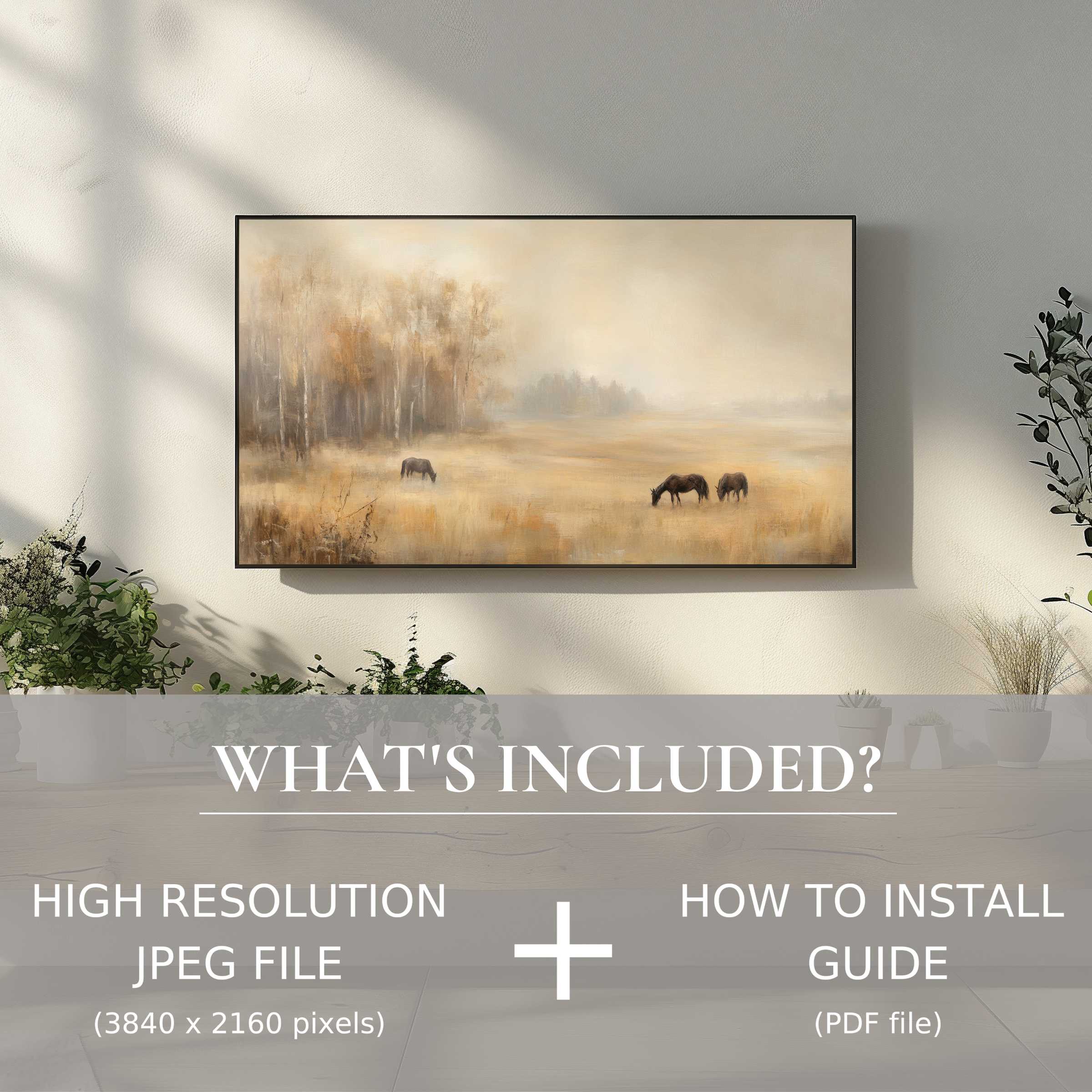 Vintage digital TV art download offering easy digital use, enhancing modern living spaces with elegant nature scenes