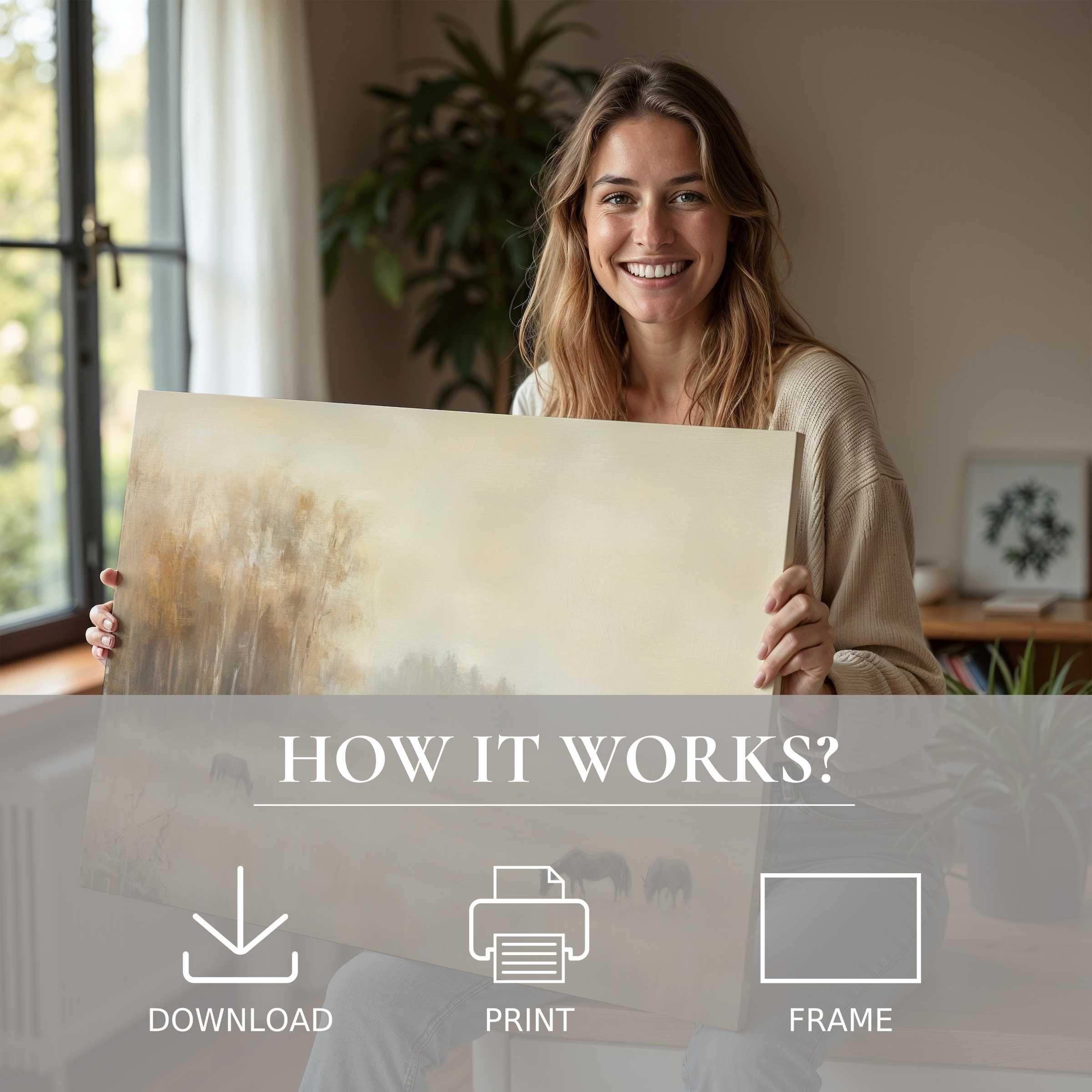 Joyful connection with a vintage digital art print, transforming modern home spaces into serene sanctuaries of timeless beauty