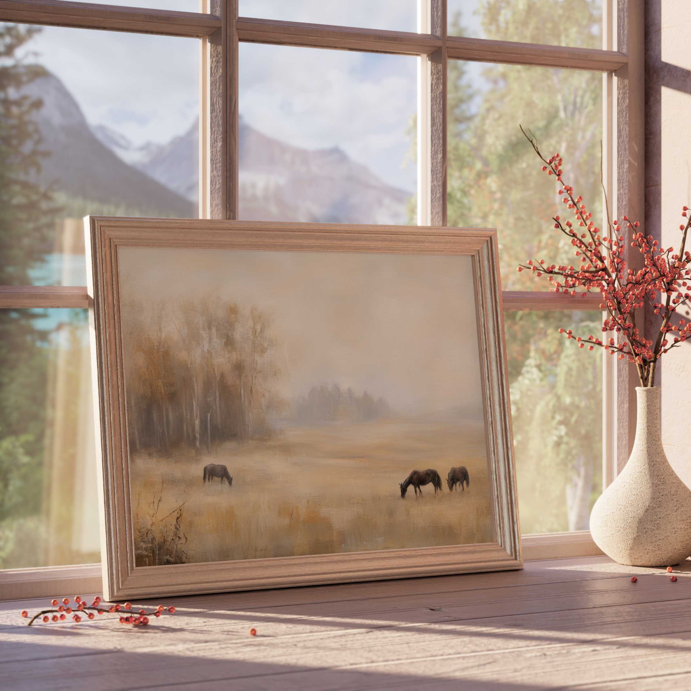 Vintage downloadable art capturing a serene autumnal meadow with grazing horses, enhancing tranquil, curated interiors